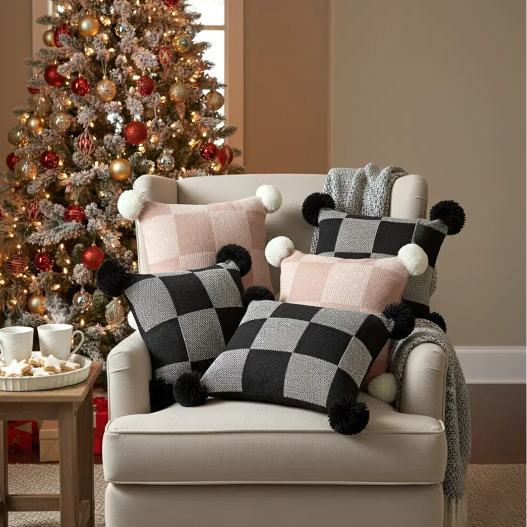 SOGA 6PC Pillowcase Set – Modern Black & Gray Gingham with Pom Poms and Cozy Checkerboard Knit Pillow Covers