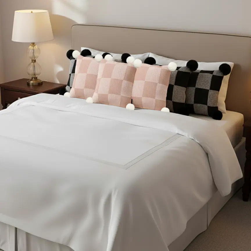 SOGA 6PC Pillowcase Set – Modern Black & Gray Gingham with Pom Poms and Cozy Checkerboard Knit Pillow Covers
