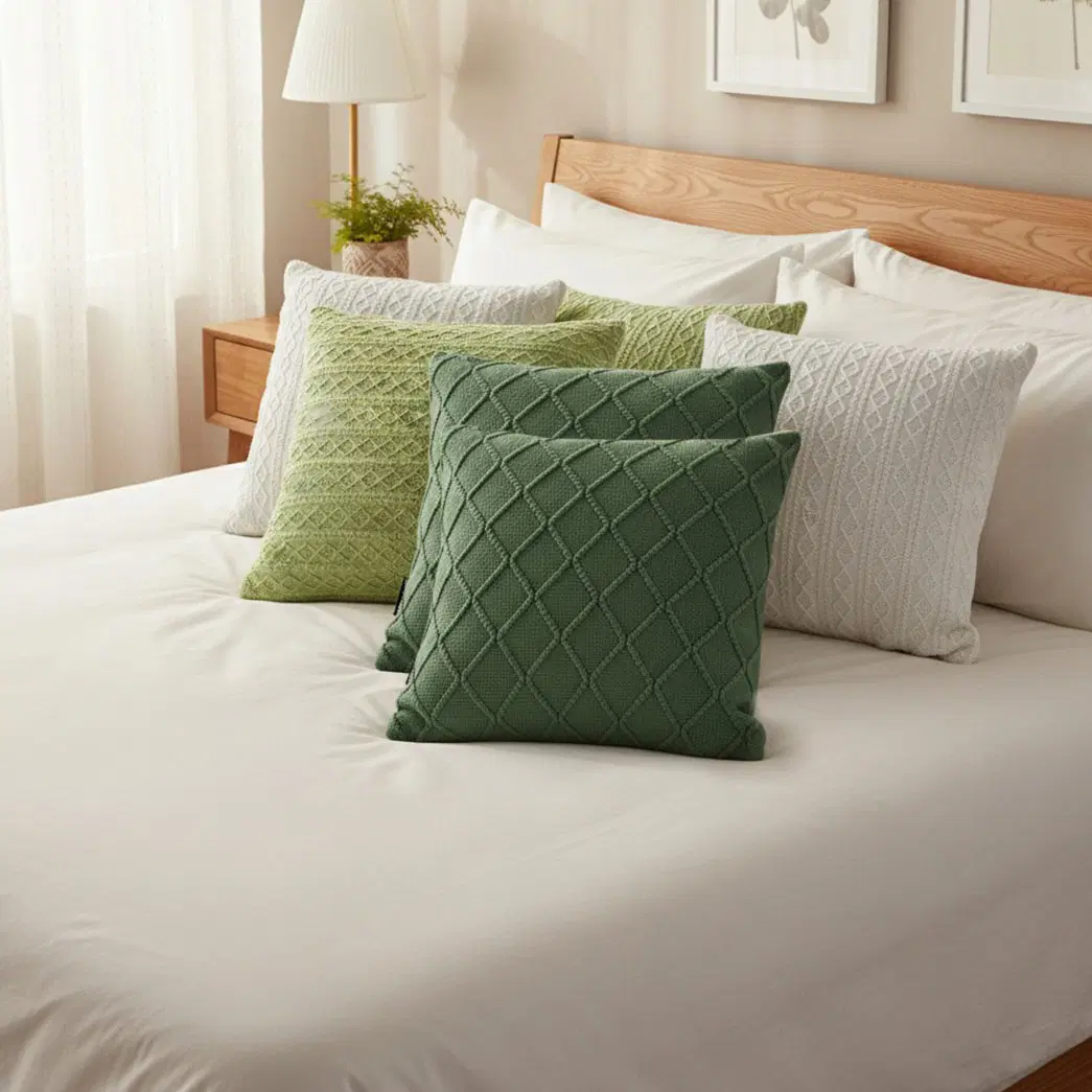 SOGA 6PC Pillowcases – Fresh & Pure Cable Knit & Forest Green Diamond Knit Covers for Sofa & Home Décor