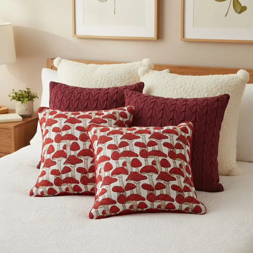 SOGA 6PC Red & White Decorative Pillowcase Set – Cable Knit, Bouclé & Ginkgo Leaf Textured Pillow Covers