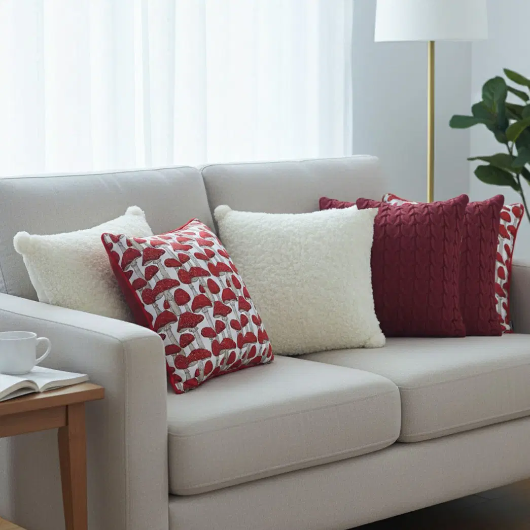 SOGA 6PC Red & White Decorative Pillowcase Set – Cable Knit, Bouclé & Ginkgo Leaf Textured Pillow Covers