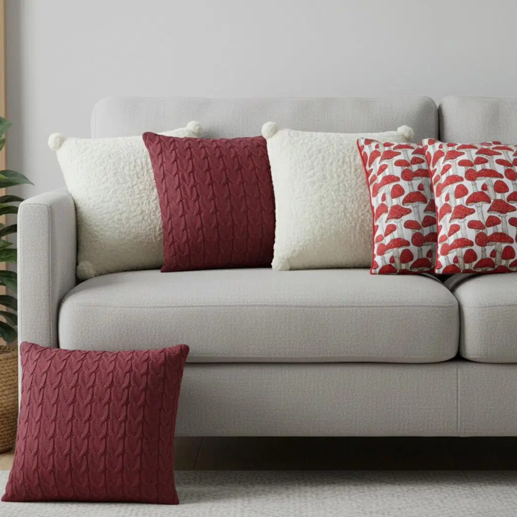 SOGA 6PC Red & White Decorative Pillowcase Set – Cable Knit, Bouclé & Ginkgo Leaf Textured Pillow Covers