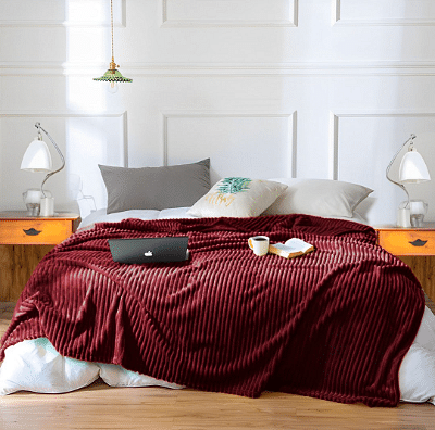 SOGA Burgundy Throw Blanket Warm Cozy Striped Pattern Thin Flannel Coverlet Fleece Bed Sofa Comforter