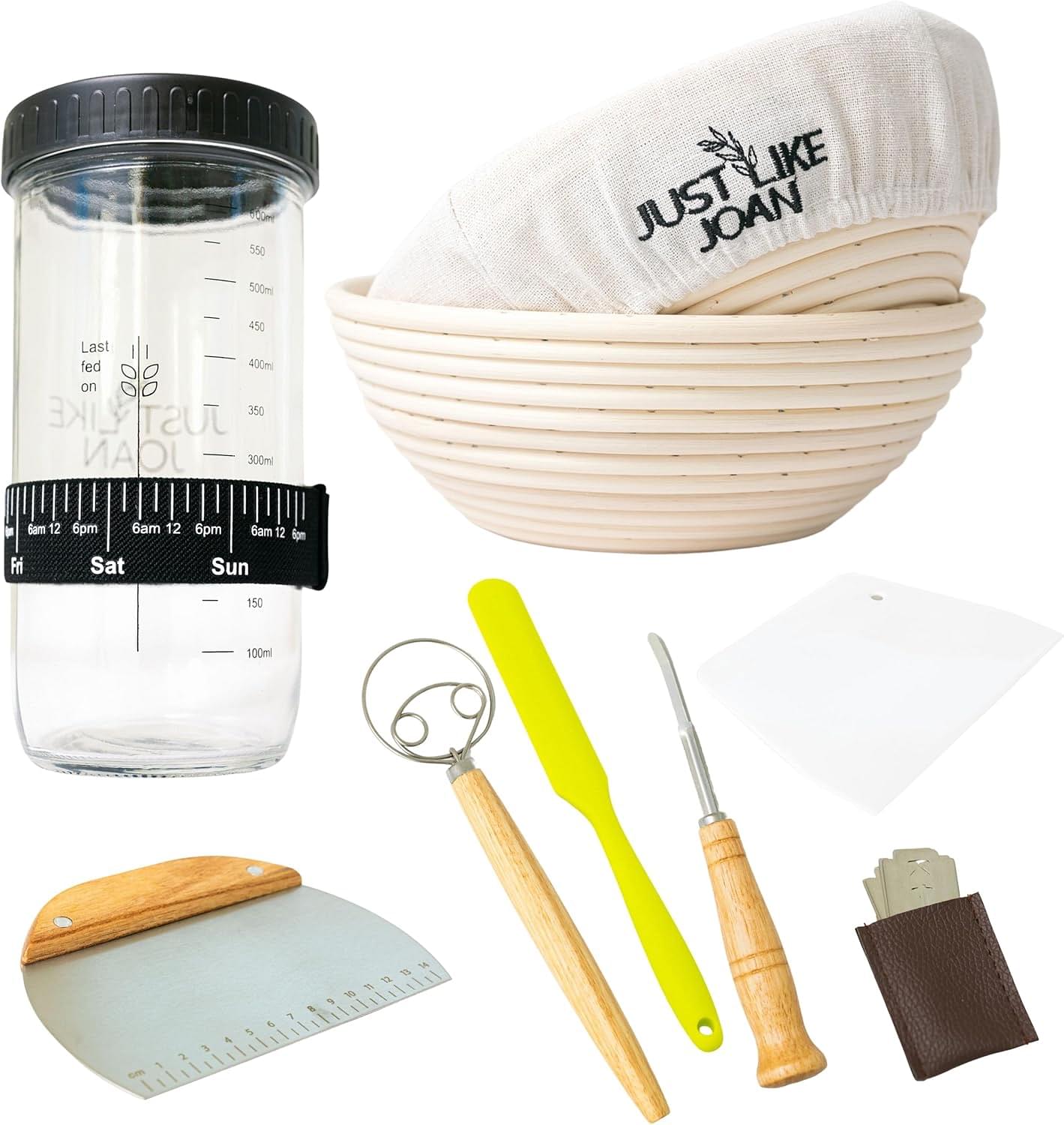 Sourdough Starter Kit – Ultimate Sourdough Bread Baking Supplies w/Sourdough Starter Jar & Banneton Basket- Easy Cleaning Sourdough Proofing Baskets - Bread Lame Dough Whisk