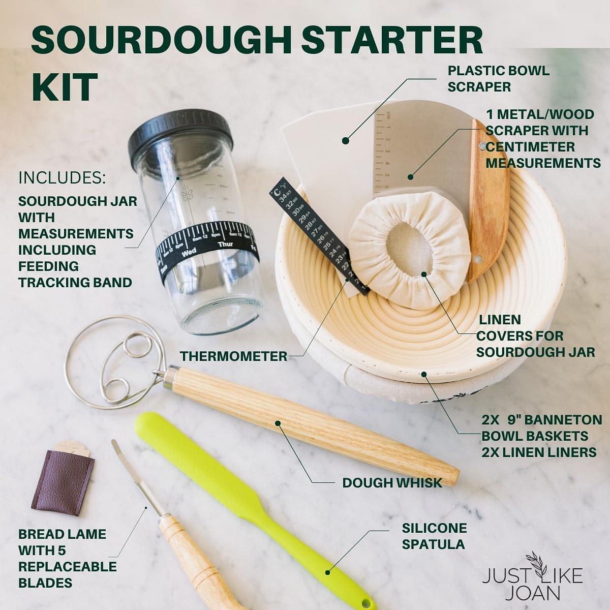 Sourdough Starter Kit – Ultimate Sourdough Bread Baking Supplies w/Sourdough Starter Jar & Banneton Basket- Easy Cleaning Sourdough Proofing Baskets - Bread Lame Dough Whisk