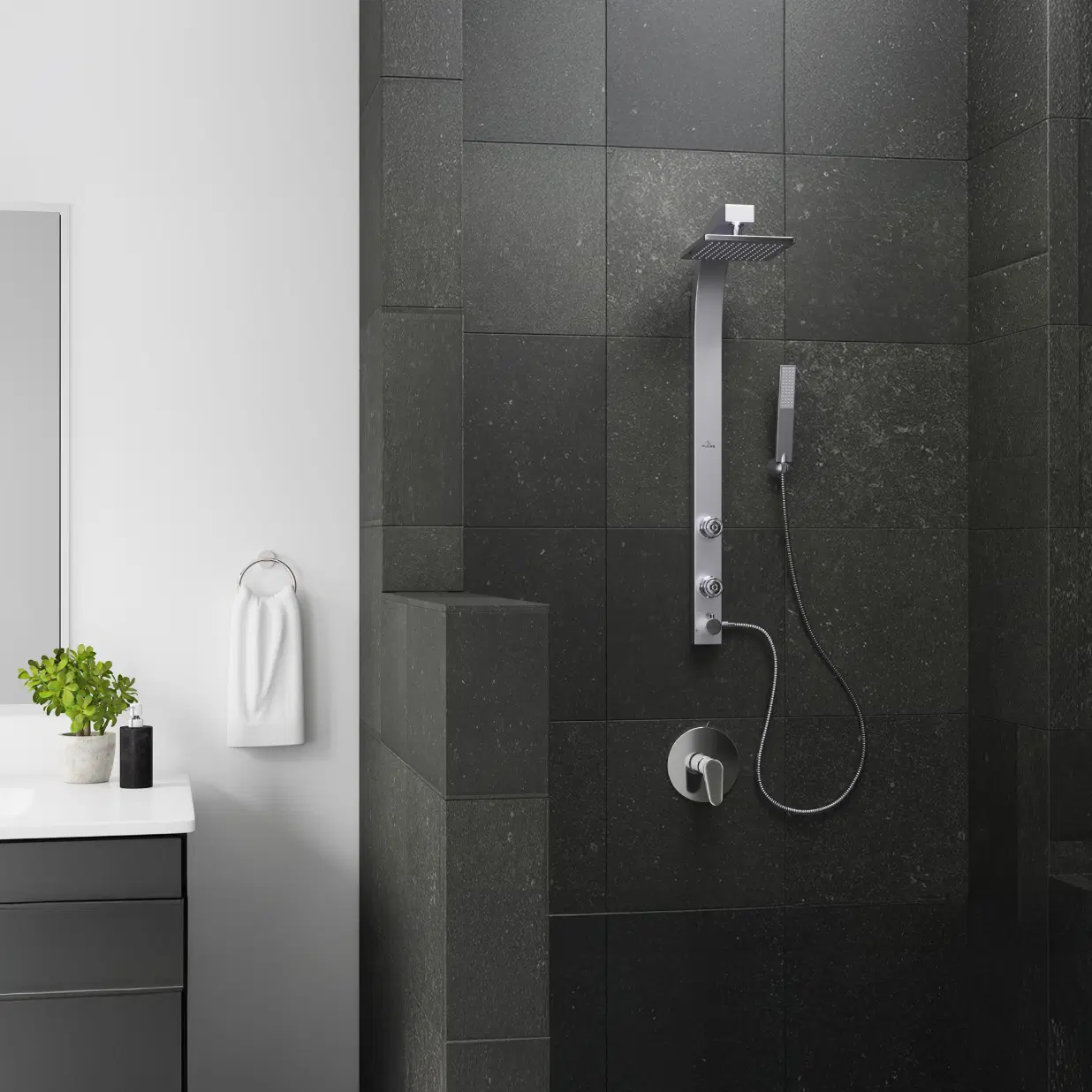 Splash 8-in Rain Showerhead Shower System with 2-Body Jets and Handshower Silver