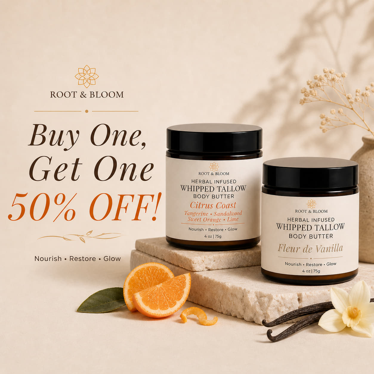 Root and Bloom| BOGO 50% Off| Whipped Tallow Body Butter in Citrus Coast and Fleur de Vanilla