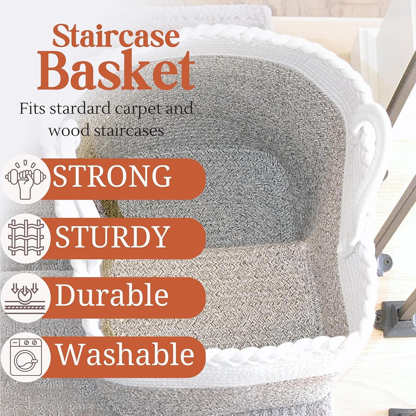 Stair Basket for Carpeted & Wooden Stairs - Cotton Rope Basket Staircase Handles - Storage Stair Steps For Laundry, Toys, Nursery Caddy - Cream & Brown 15.75" L x 7.87" W x 15.75 "H