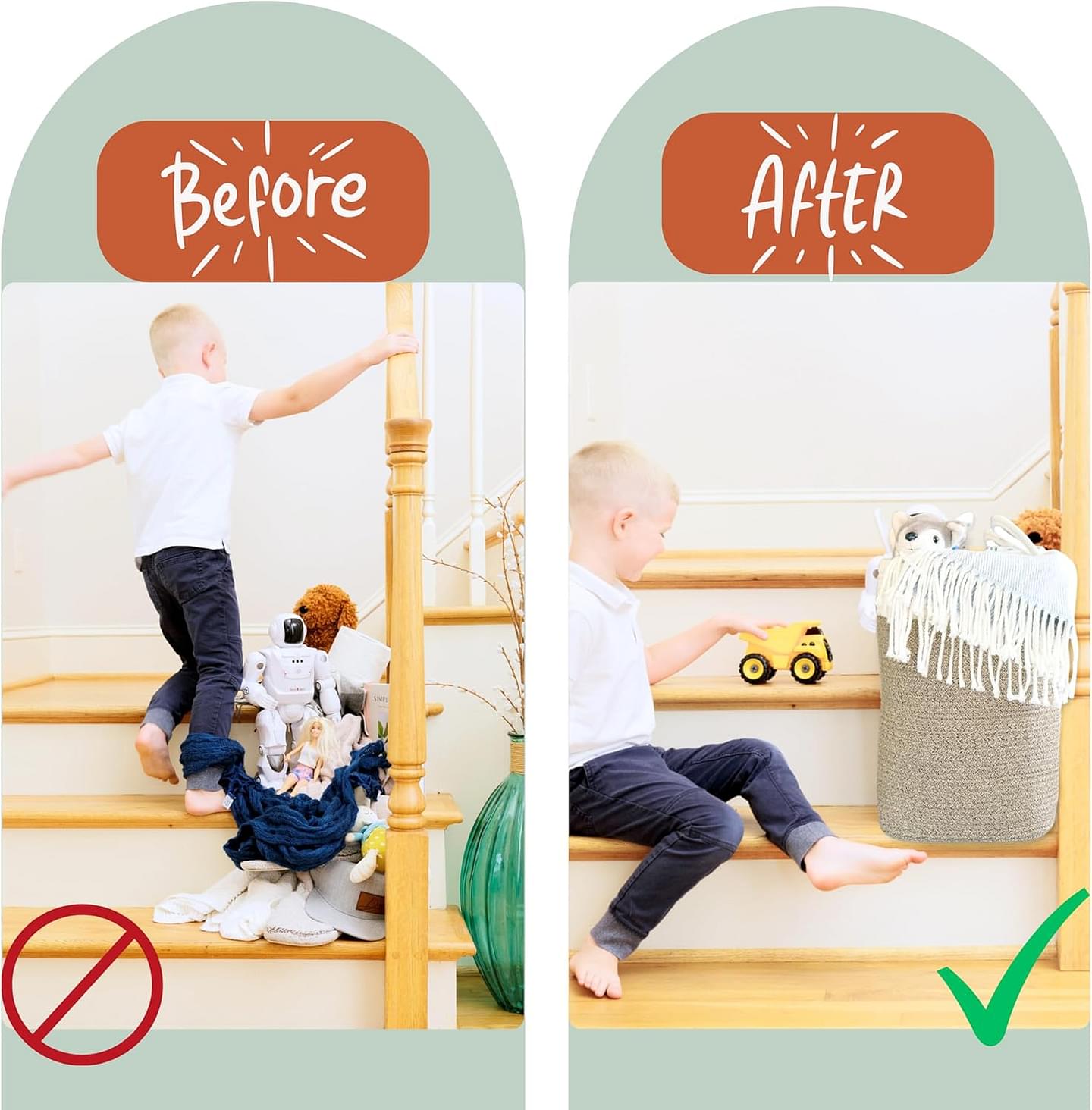 Stair Basket for Carpeted & Wooden Stairs - Cotton Rope Basket Staircase Handles - Storage Stair Steps For Laundry, Toys, Nursery Caddy - Cream & Brown 15.75" L x 7.87" W x 15.75 "H