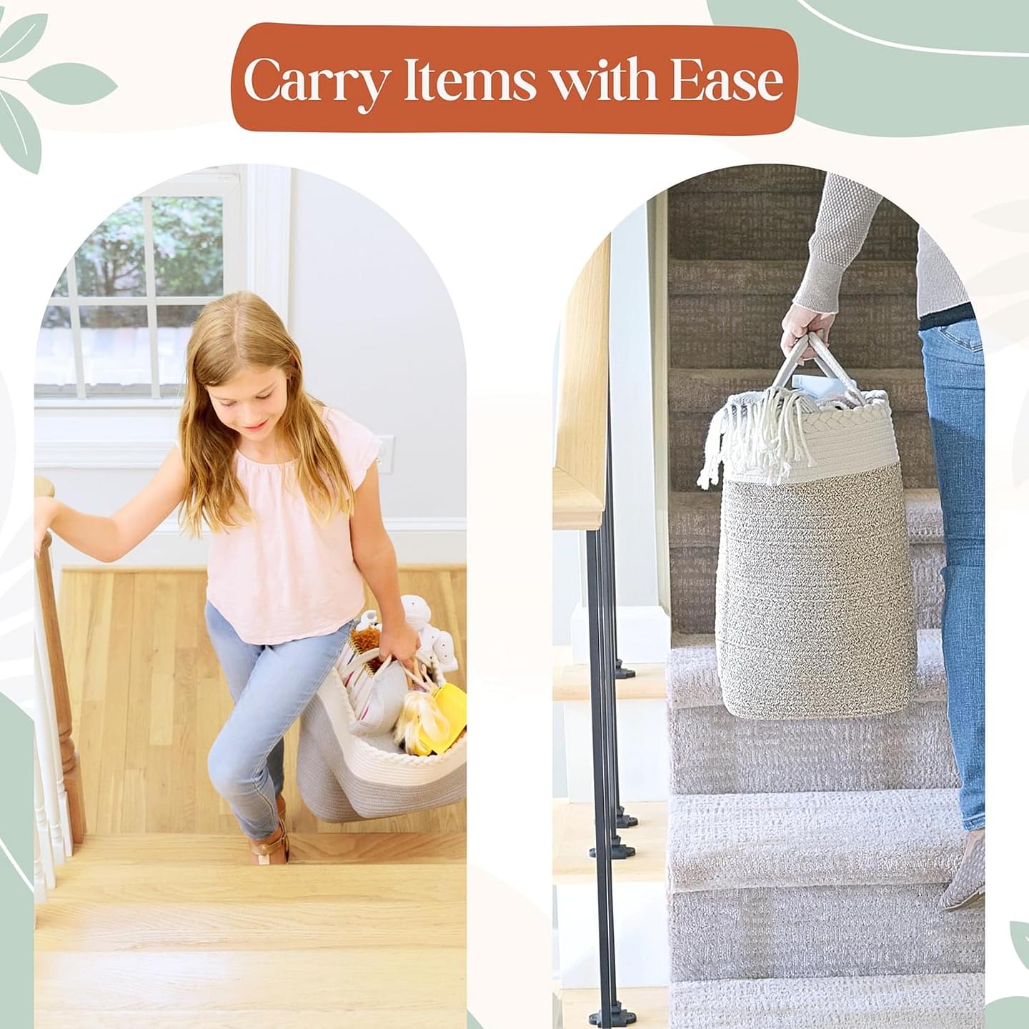 Stair Basket for Carpeted & Wooden Stairs - Cotton Rope Basket Staircase Handles - Storage Stair Steps For Laundry, Toys, Nursery Caddy - Cream & Brown 15.75" L x 7.87" W x 15.75 "H