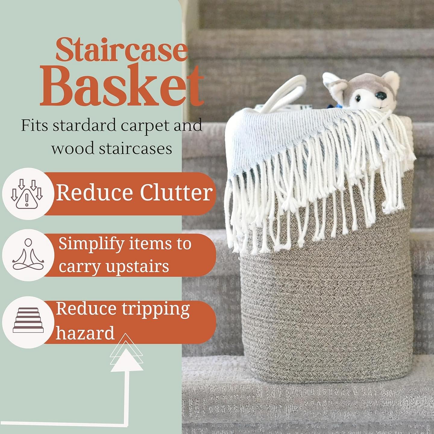 Stair Basket for Carpeted & Wooden Stairs - Cotton Rope Basket Staircase Handles - Storage Stair Steps For Laundry, Toys, Nursery Caddy - Cream & Brown 15.75" L x 7.87" W x 15.75 "H