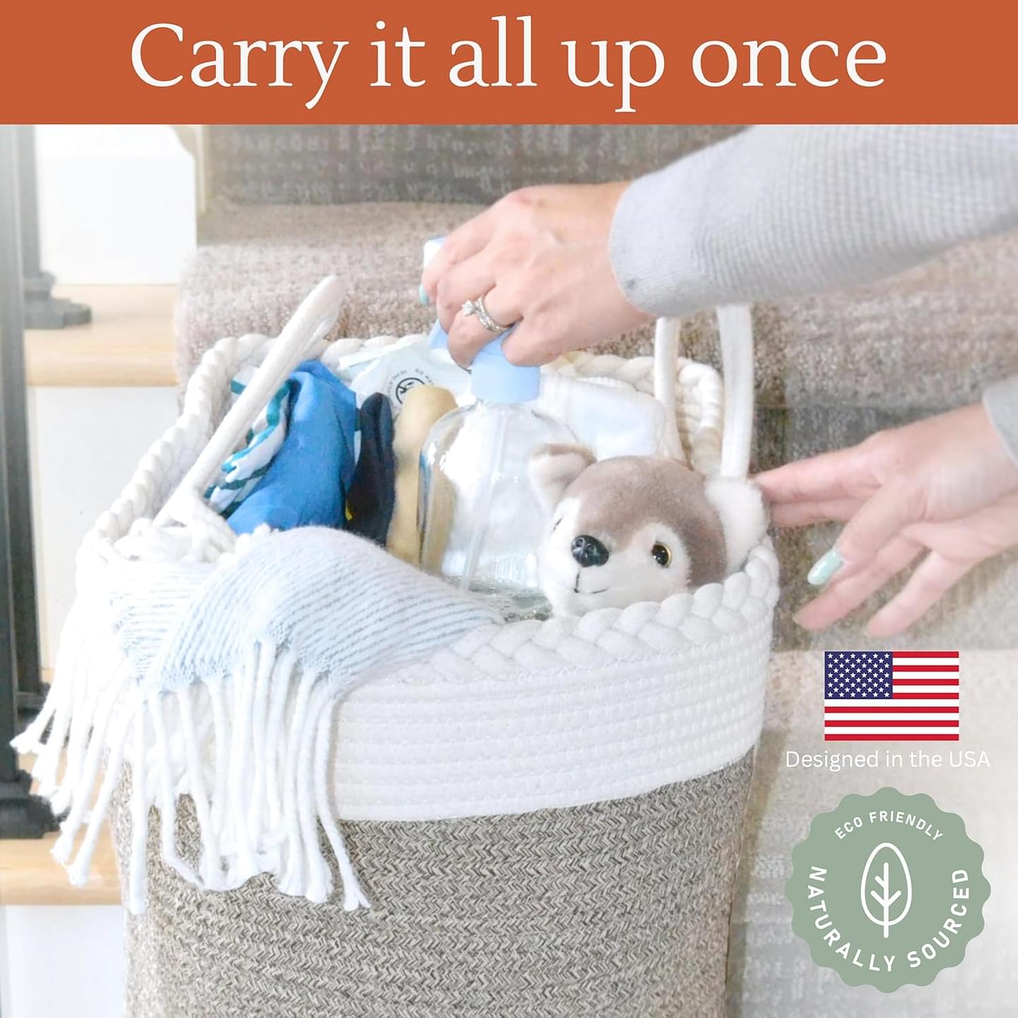 Stair Basket for Carpeted & Wooden Stairs - Cotton Rope Basket Staircase Handles - Storage Stair Steps For Laundry, Toys, Nursery Caddy - Cream & Brown 15.75" L x 7.87" W x 15.75 "H