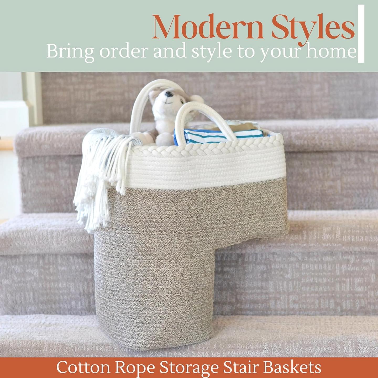 Stair Basket for Carpeted & Wooden Stairs - Cotton Rope Basket Staircase Handles - Storage Stair Steps For Laundry, Toys, Nursery Caddy - Cream & Brown 15.75" L x 7.87" W x 15.75 "H