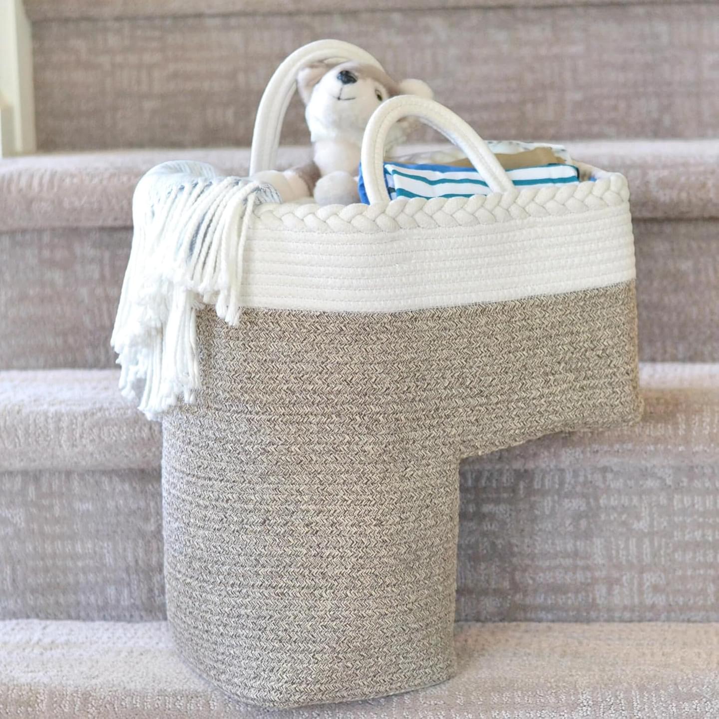 Stair Basket for Carpeted & Wooden Stairs - Cotton Rope Basket Staircase Handles - Storage Stair Steps For Laundry, Toys, Nursery Caddy - Cream & Brown 15.75" L x 7.87" W x 15.75 "H Brown and Cream