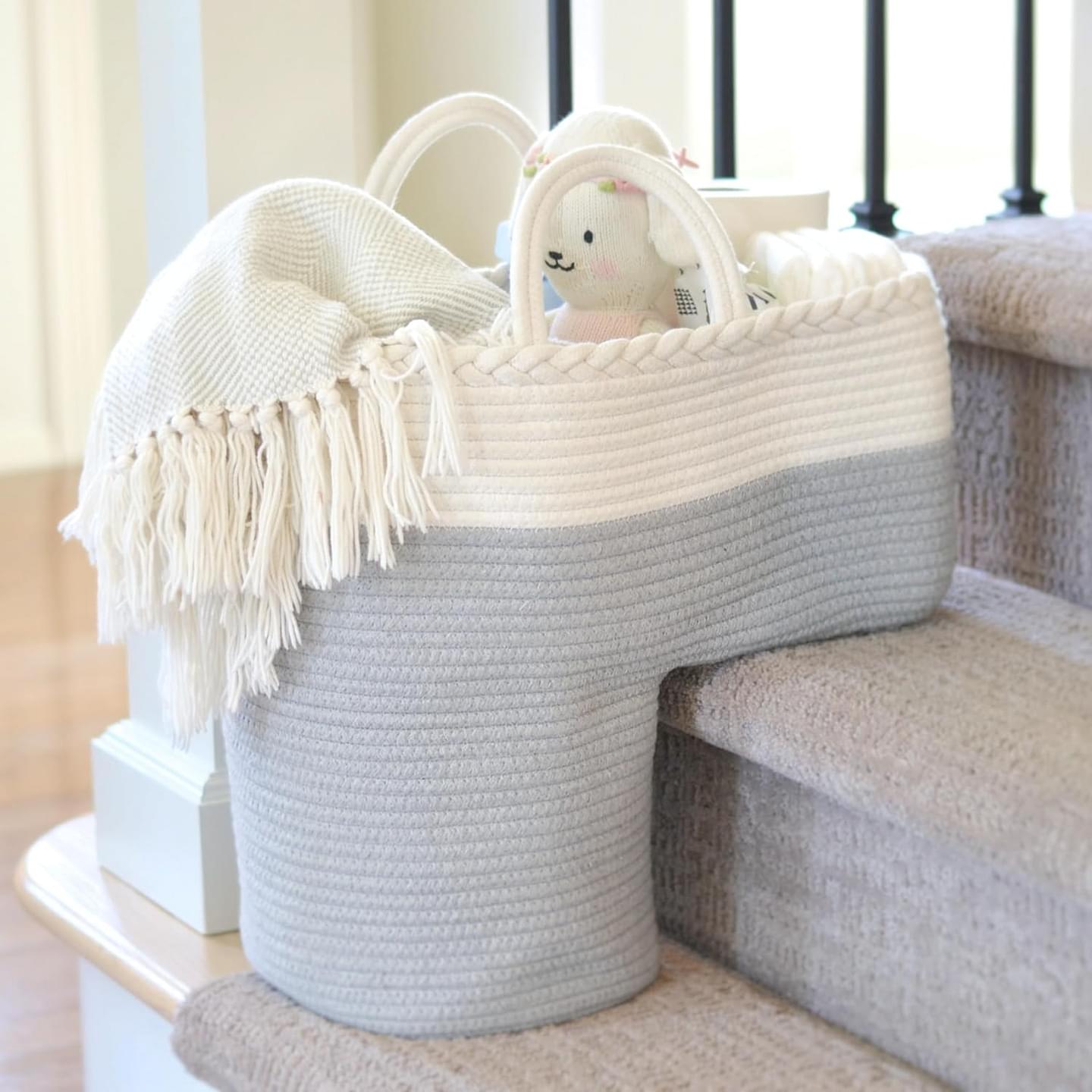 Stair Basket for Carpeted & Wooden Stairs - Cotton Rope Basket Staircase Handles - Storage Stair Steps For Laundry, Toys, Nursery Caddy - Fog Grey 15.75" L x 7.87" W x 15.75 "H Fog Grey & Cream