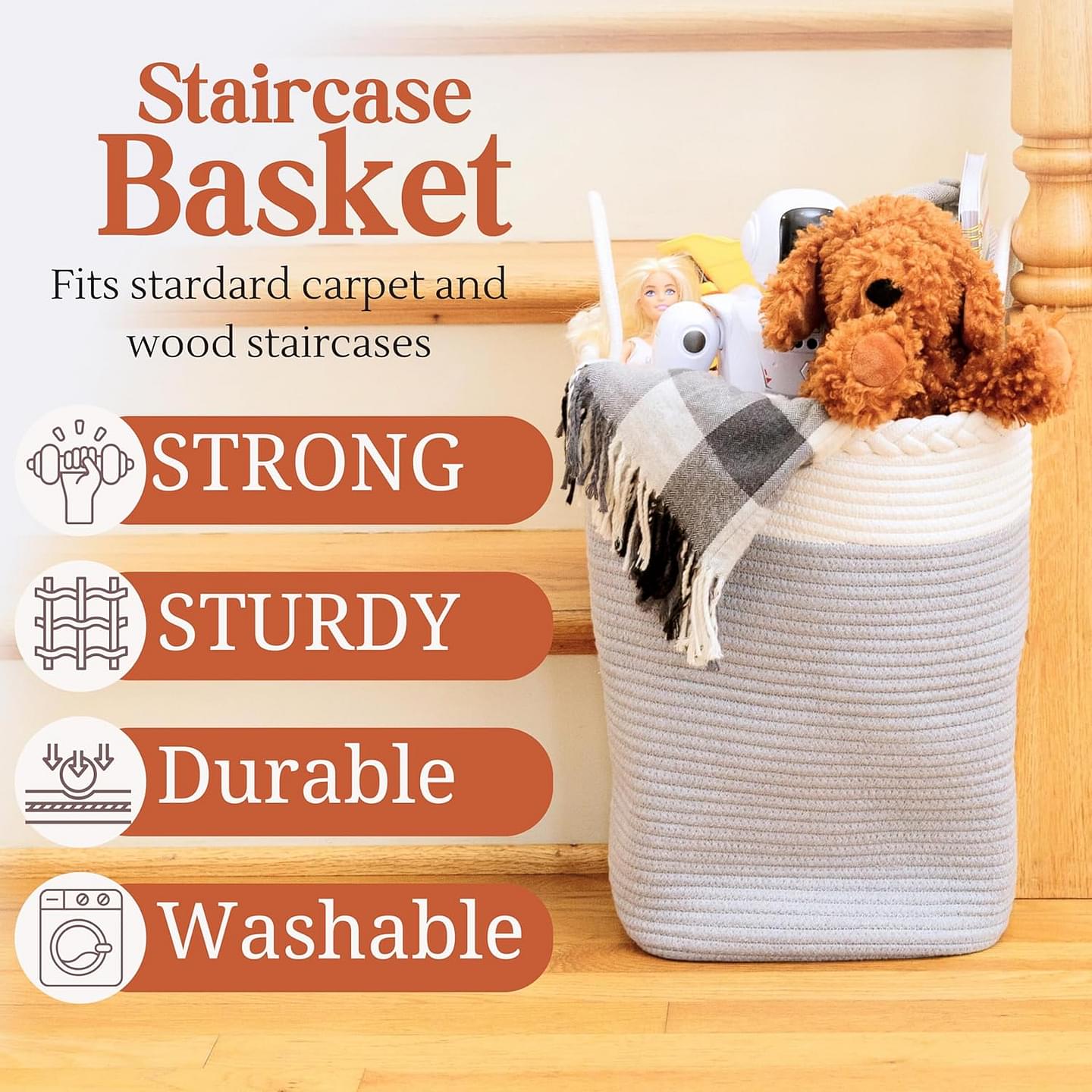 Stair Basket for Carpeted & Wooden Stairs - Cotton Rope Basket Staircase Handles - Storage Stair Steps For Laundry, Toys, Nursery Caddy - Fog Grey 15.75" L x 7.87" W x 15.75 "H Fog Grey & Cream