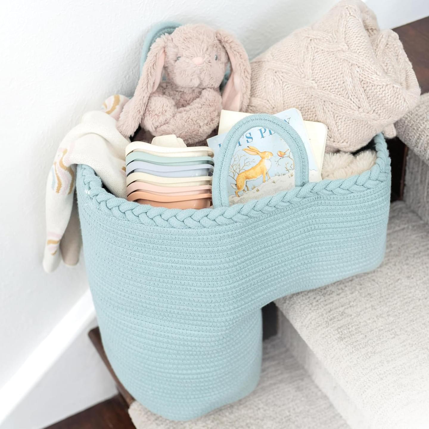 Stair Basket for Carpeted & Wooden Stairs - Cotton Rope Basket Staircase Handles - Storage Stair Steps For Laundry, Toys, Nursery Caddy - Seafoam 15.75" L x 7.87" W x 15.75 "H Seafoam Green