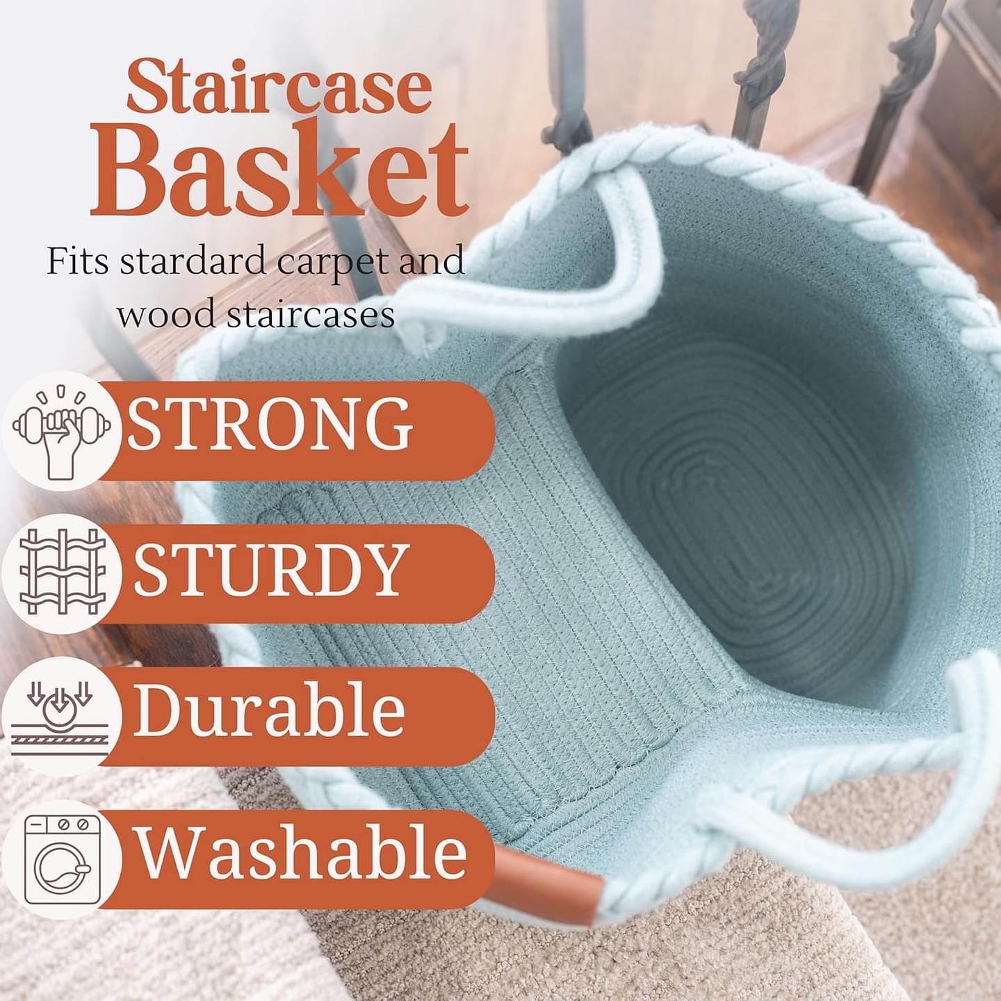 Stair Basket for Carpeted & Wooden Stairs - Cotton Rope Basket Staircase Handles - Storage Stair Steps For Laundry, Toys, Nursery Caddy - Seafoam 15.75" L x 7.87" W x 15.75 "H Seafoam Green