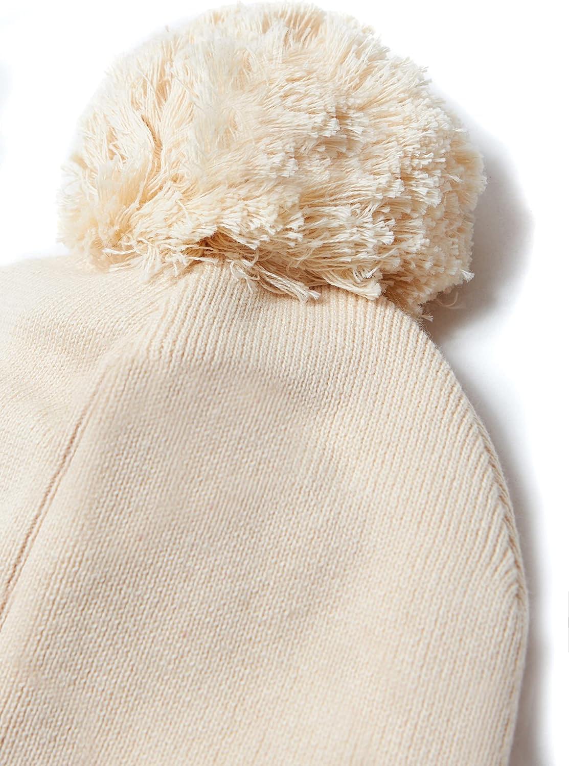 Stellou & friends 100% Cotton Beanie Hat with Fleece Lining with Pom Pom for Toddler Kids Girls and Boys 1-3 Years Old 2-4T Beige