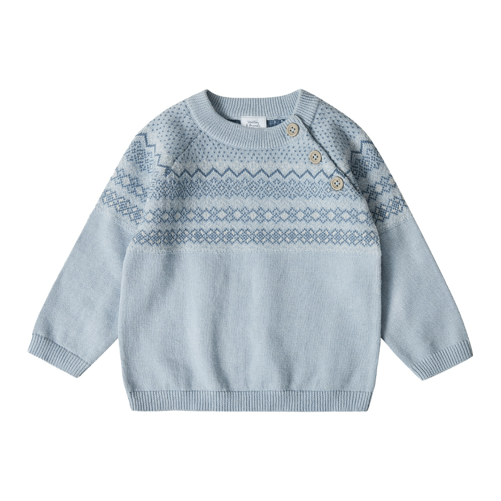 Stellou & Friends 100% Cotton Knit Norwegian Jacquard Design Baby Toddler Boys Girls Long Sleeve Crew Neck Sweater with Shoulder Buttons (Birth - 4 years)