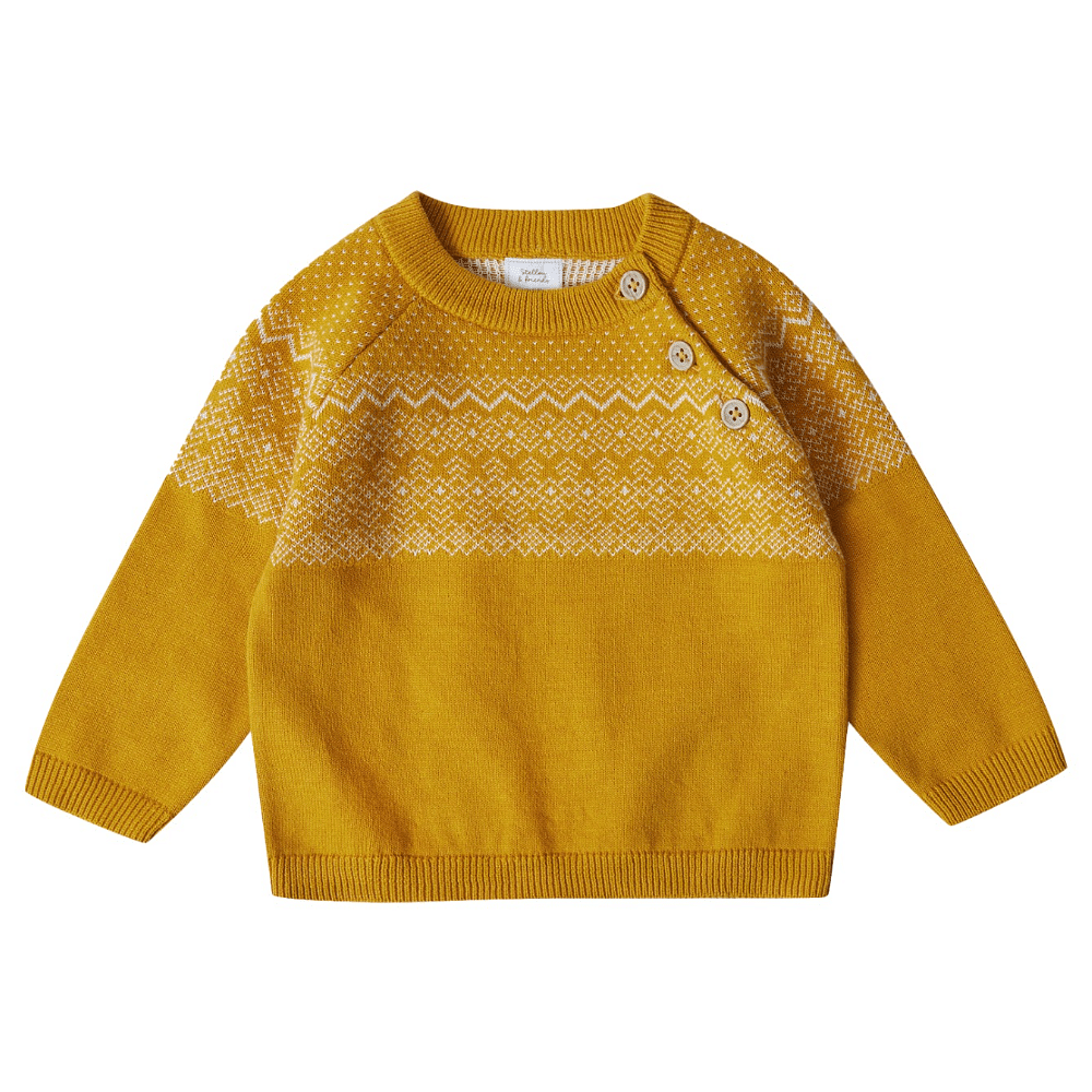 Stellou & Friends 100% Cotton Knit Norwegian Jacquard Design Baby Toddler Boys Girls Long Sleeve Crew Neck Sweater with Shoulder Buttons (Birth - 4 years)