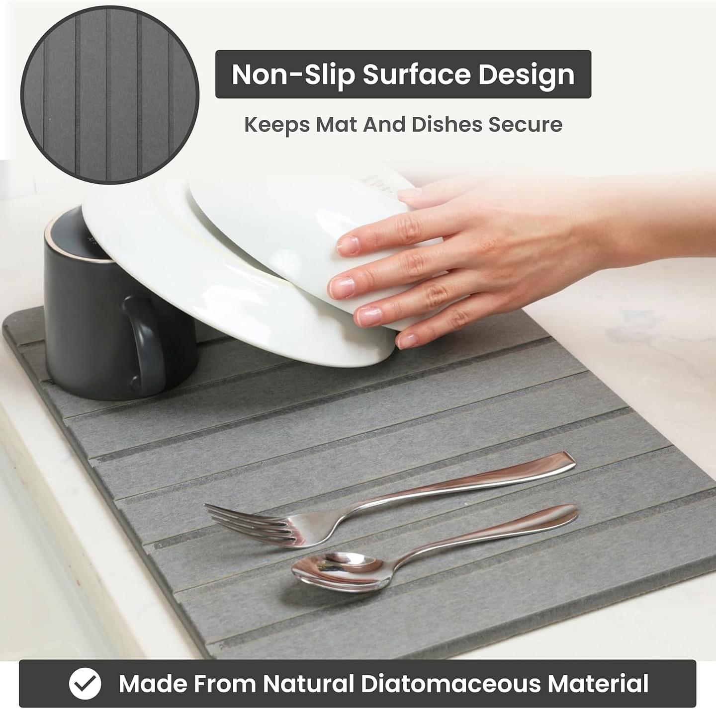 Stone Drying Mat for Kitchen Counter (11.5" x 15.5) - Long Lasting Stone Dish Drying Mat - Quick Dish Drying Stone for Kitchen Counter - Dark Gray Stone Dish Mat - Diatomaceous Earth Dish Drying Mat
