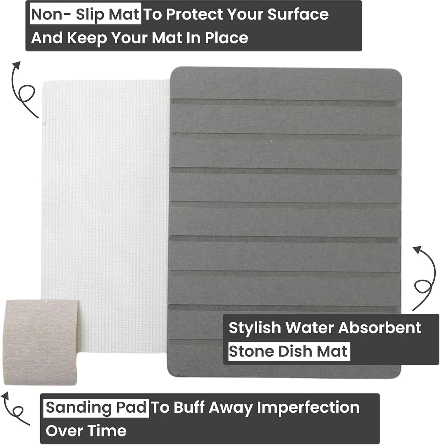 Stone Drying Mat for Kitchen Counter (11.5" x 15.5) - Long Lasting Stone Dish Drying Mat - Quick Dish Drying Stone for Kitchen Counter - Dark Gray Stone Dish Mat - Diatomaceous Earth Dish Drying Mat