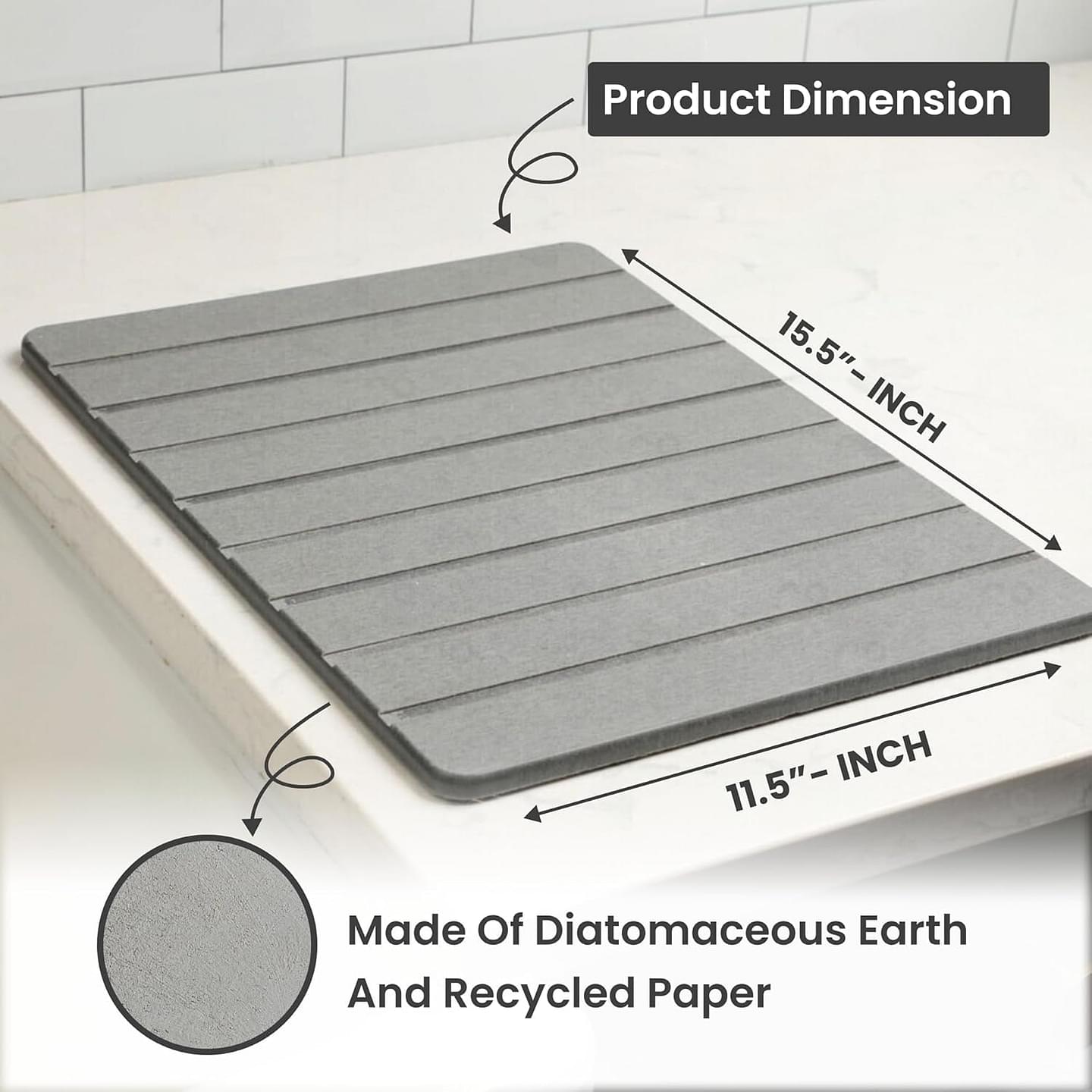 Stone Drying Mat for Kitchen Counter (11.5" x 15.5) - Long Lasting Stone Dish Drying Mat - Quick Dish Drying Stone for Kitchen Counter - Dark Gray Stone Dish Mat - Diatomaceous Earth Dish Drying Mat