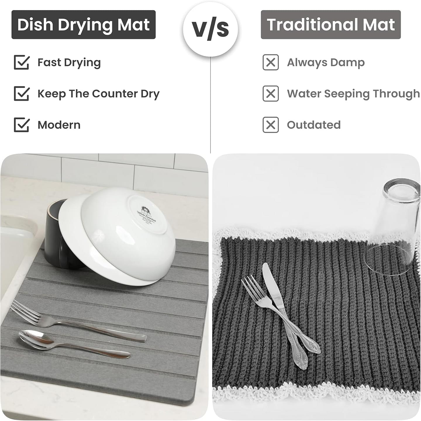 Stone Drying Mat for Kitchen Counter (11.5" x 15.5) - Long Lasting Stone Dish Drying Mat - Quick Dish Drying Stone for Kitchen Counter - Dark Gray Stone Dish Mat - Diatomaceous Earth Dish Drying Mat