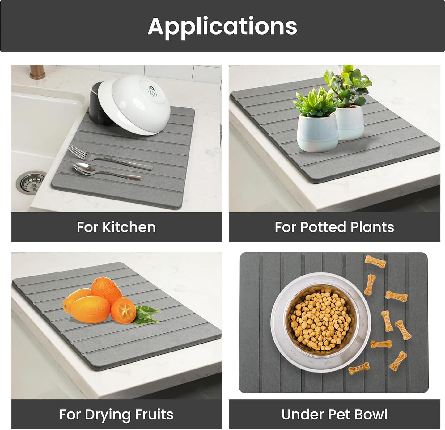 Stone Drying Mat for Kitchen Counter (11.5" x 15.5) - Long Lasting Stone Dish Drying Mat - Quick Dish Drying Stone for Kitchen Counter - Dark Gray Stone Dish Mat - Diatomaceous Earth Dish Drying Mat