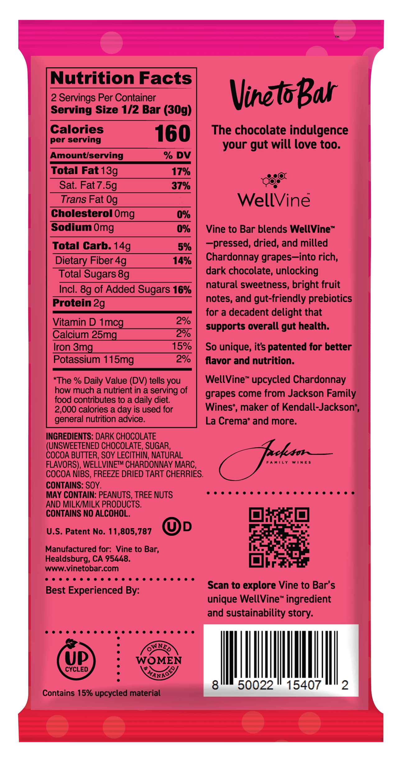 Tart Cherry and Cocoa Nibs Dark Chocolate Bar - Premium 65% Dark Chocolate with Freeze-Dried Tart Cherries, Cocoa Nibs and WellVine Chardonnay Marc