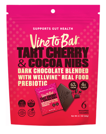 Tart Cherry and Cocoa Nibs Dark Chocolate Squares - Bite-Size 65% Dark Chocolate with Freeze-Dried Tart Cherries, Cocoa Nibs and WellVine Chardonnay Marc