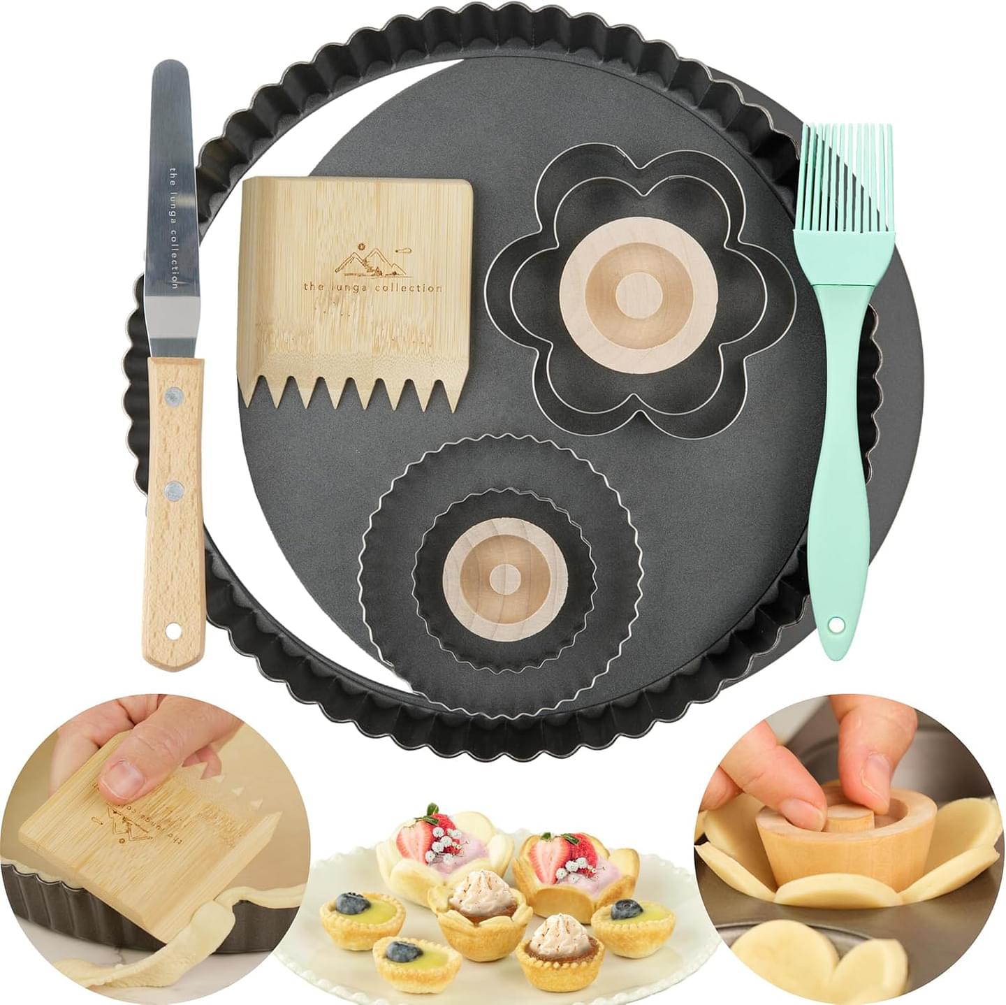 Tart Pan Baking Set - Carbon Steel, Non-stick - 9 Inch Removable Bottom - Quiche - Trim/Dock Tool, Offset Spatula, Pastry Brush, Tart Tampers, Cookie Cutters - Gift Full Set