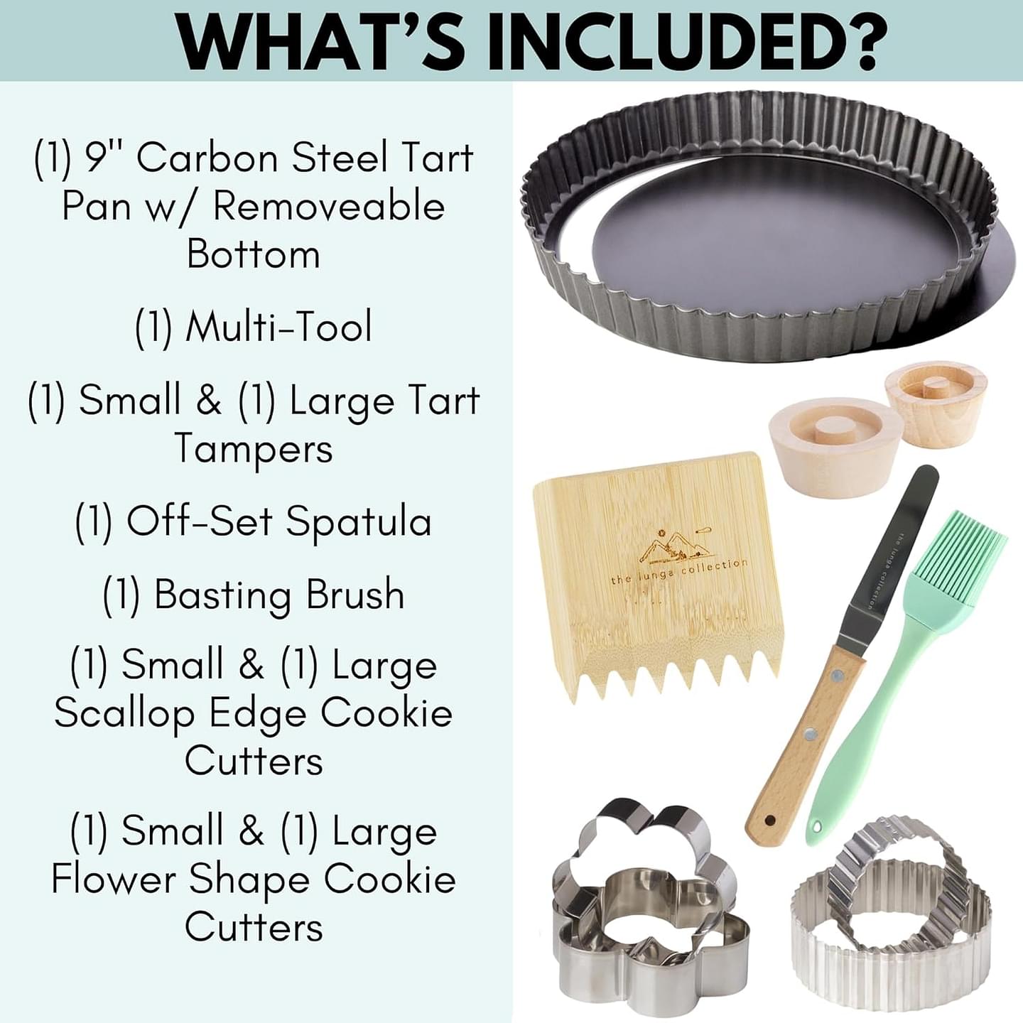 Tart Pan Baking Set - Carbon Steel, Non-stick - 9 Inch Removable Bottom - Quiche - Trim/Dock Tool, Offset Spatula, Pastry Brush, Tart Tampers, Cookie Cutters - Gift Full Set