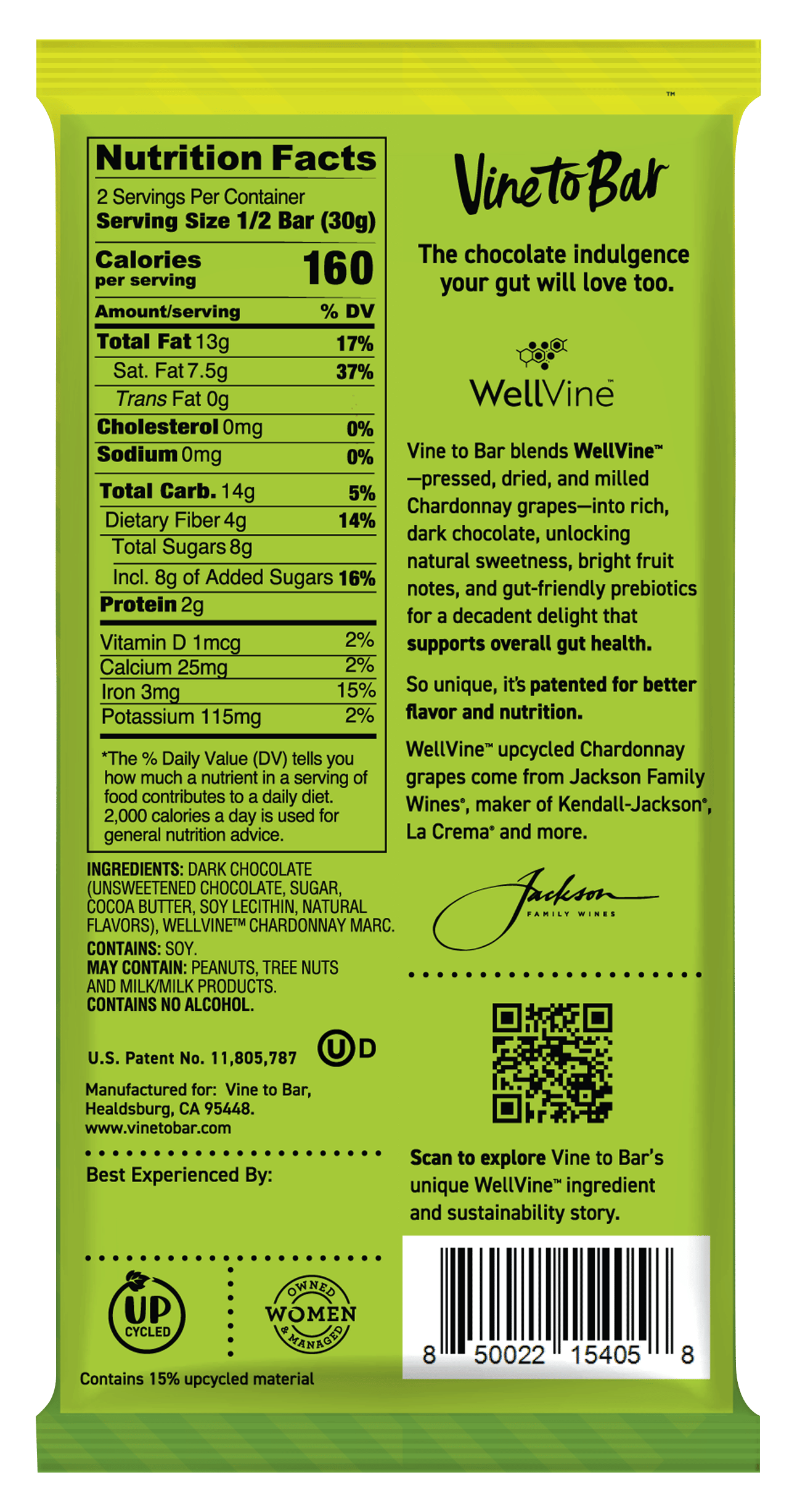 True Dark Dark Chocolate Bar - 65% Cocoa Premium Dark Chocolate with WellVine Chardonnay Marc, Smooth Rich Flavor Gourmet Chocolate Bar