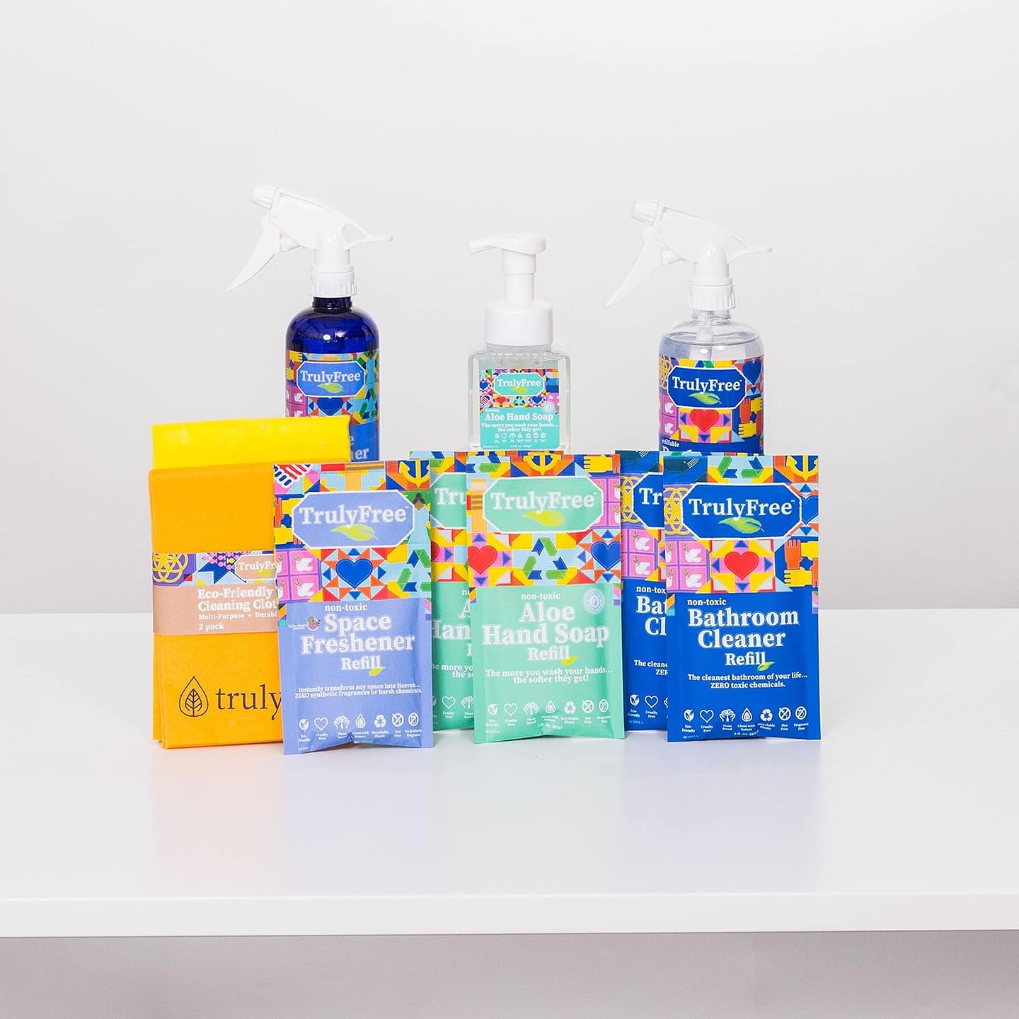 Truly Free 4-in-1 Ultimate Multipurpose Cleaning Supplies Kit for Home & Bathroom – Includes Bathroom Cleaner, Aloe Hand Soap, Space Freshener, & Cleaning Cloths Essentials Bathroom Cleaning Bundle (4 Products)