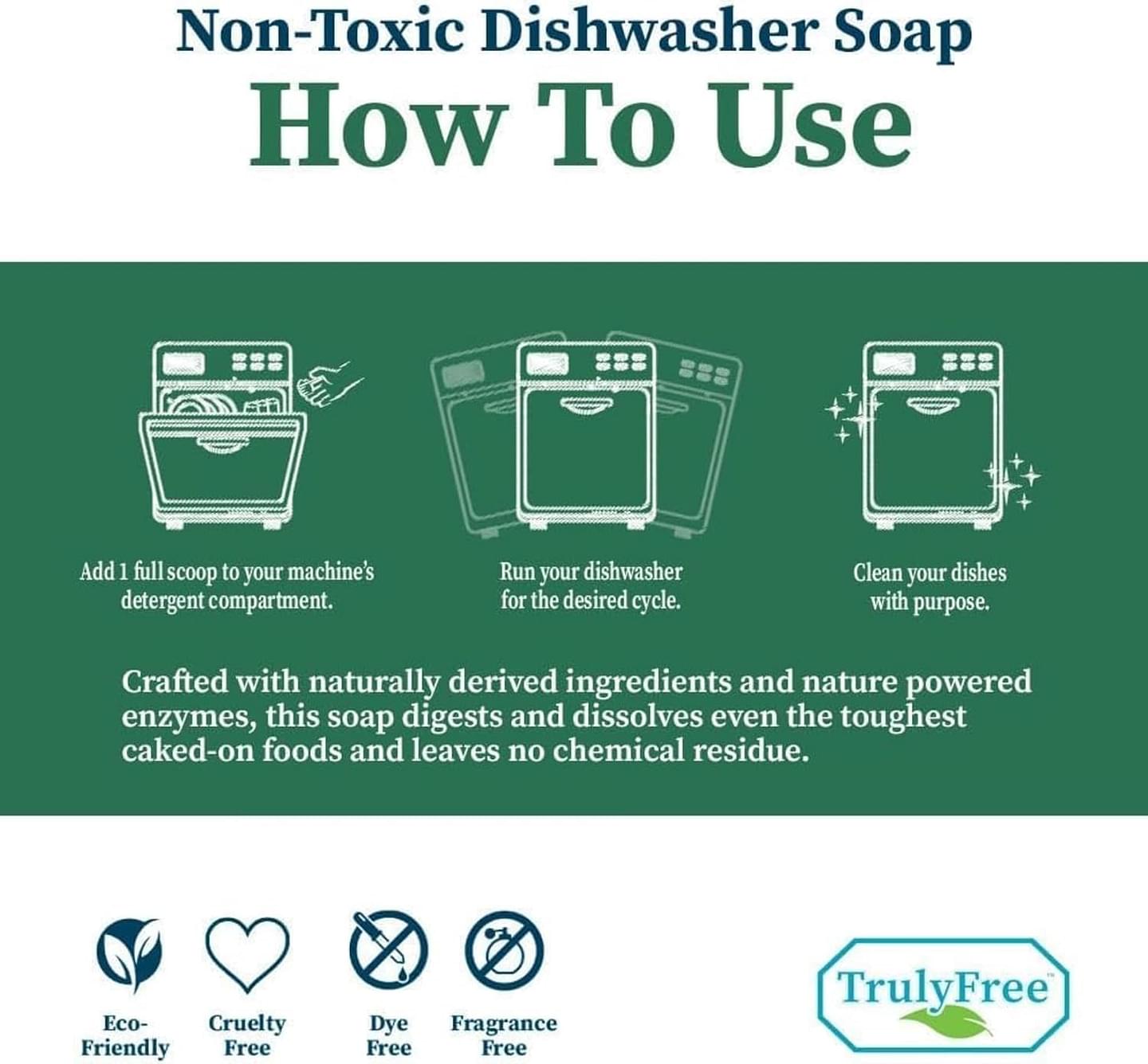 Truly Free Automatic Dishwasher Detergent Powder - Concentrated Dishwashing Detergent, Dish Soap, Hard Water Stain Remover, Kitchen Cleaning Supplies, No Harmful Ingredients - 12.5 oz (Pack of 1) 12.5 Ounce (Pack of 1)