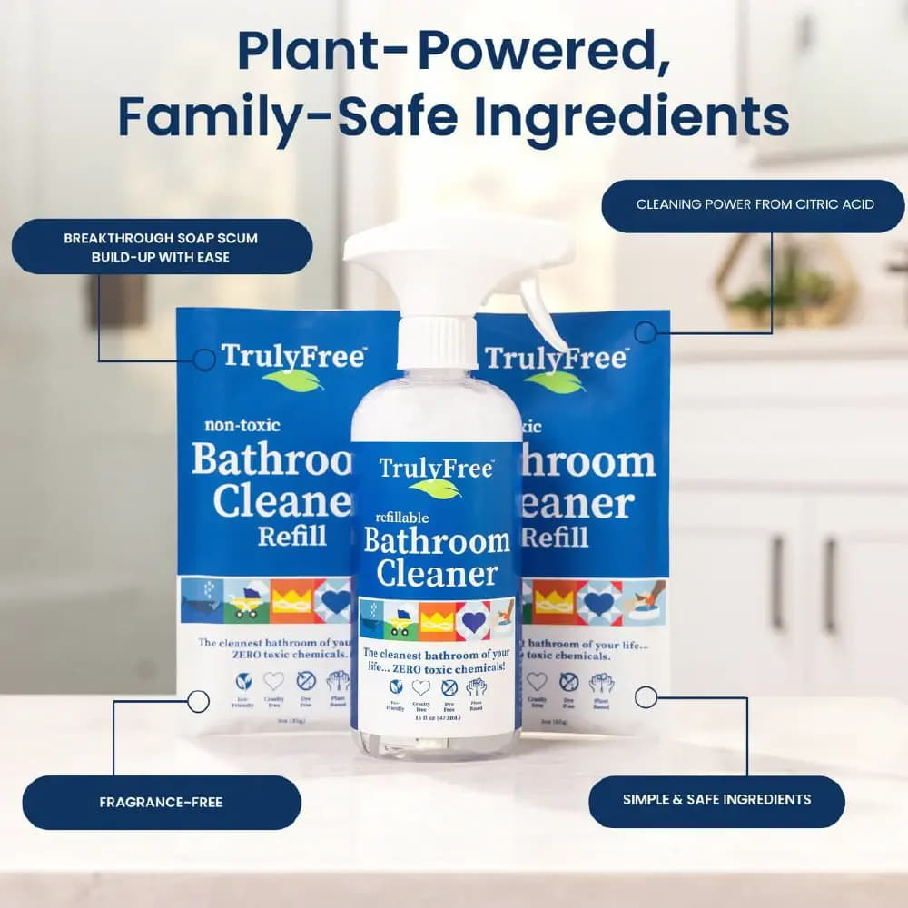 Truly Free Non-Toxic Bathroom Cleaner | Organic Bath & Tile Cleaning Solution for Toilet, Sink, Tub & Shower |Bottle + 2 Refills