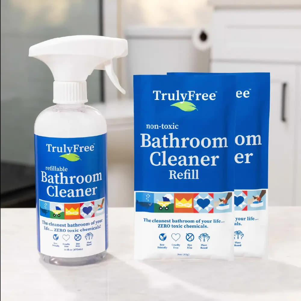 Truly Free Non-Toxic Bathroom Cleaner | Organic Bath & Tile Cleaning Solution for Toilet, Sink, Tub & Shower |Bottle + 2 Refills