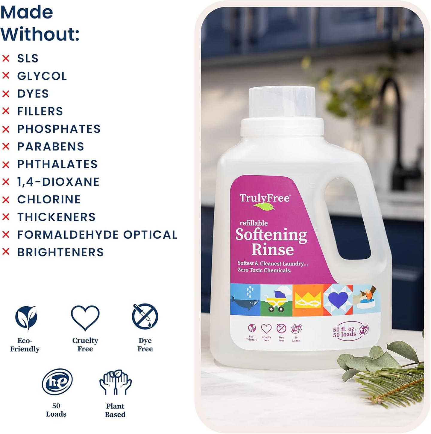 Truly Free Fabric Softening Conditioner for Clothes| Safe for Babies & Kids with Sensitive Skin | Plant-Based | Include 1 Refillable 50oz Bottle with Measuring Cap| Unscented Rinse(50 Loads) Unscented 50 Fl Oz (Pack of 1)