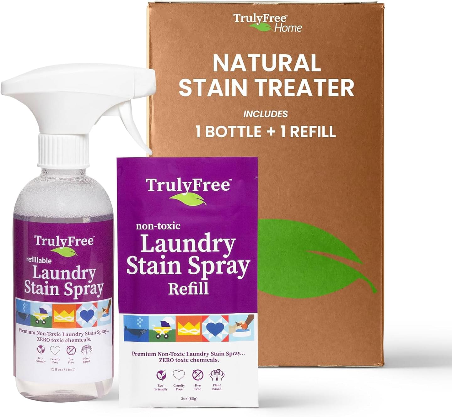 Truly Free Laundry Stain Remover Spray for Clothes - Removes Tough, Dried-In Stains on Whites & Colors -Natural Ingredients - Gentle Yet Powerful - Includes 3 oz Refill & Empty Refillable Bottle