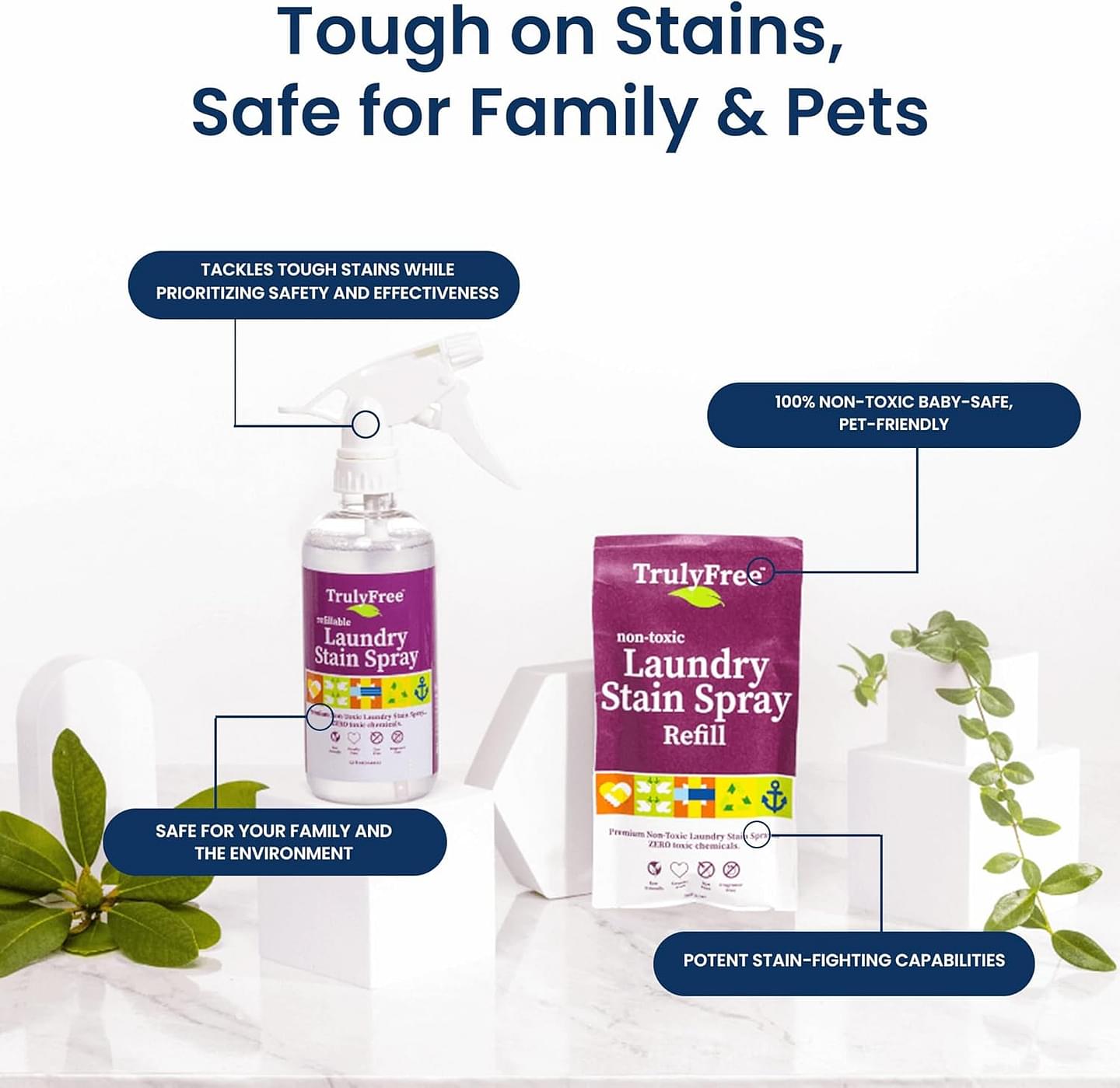 Truly Free Laundry Stain Remover Spray for Clothes - Removes Tough, Dried-In Stains on Whites & Colors -Natural Ingredients - Gentle Yet Powerful - Includes 3 oz Refill & Empty Refillable Bottle