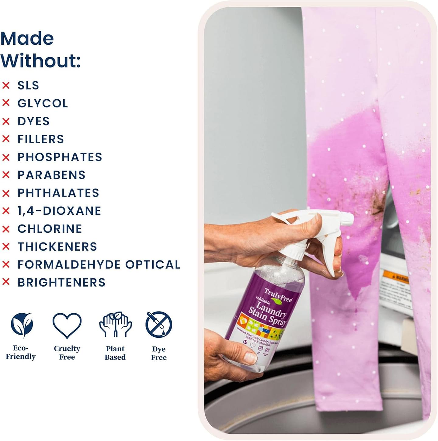 Truly Free Laundry Stain Remover Spray for Clothes - Removes Tough, Dried-In Stains on Whites & Colors -Natural Ingredients - Gentle Yet Powerful - Includes 3 oz Refill & Empty Refillable Bottle