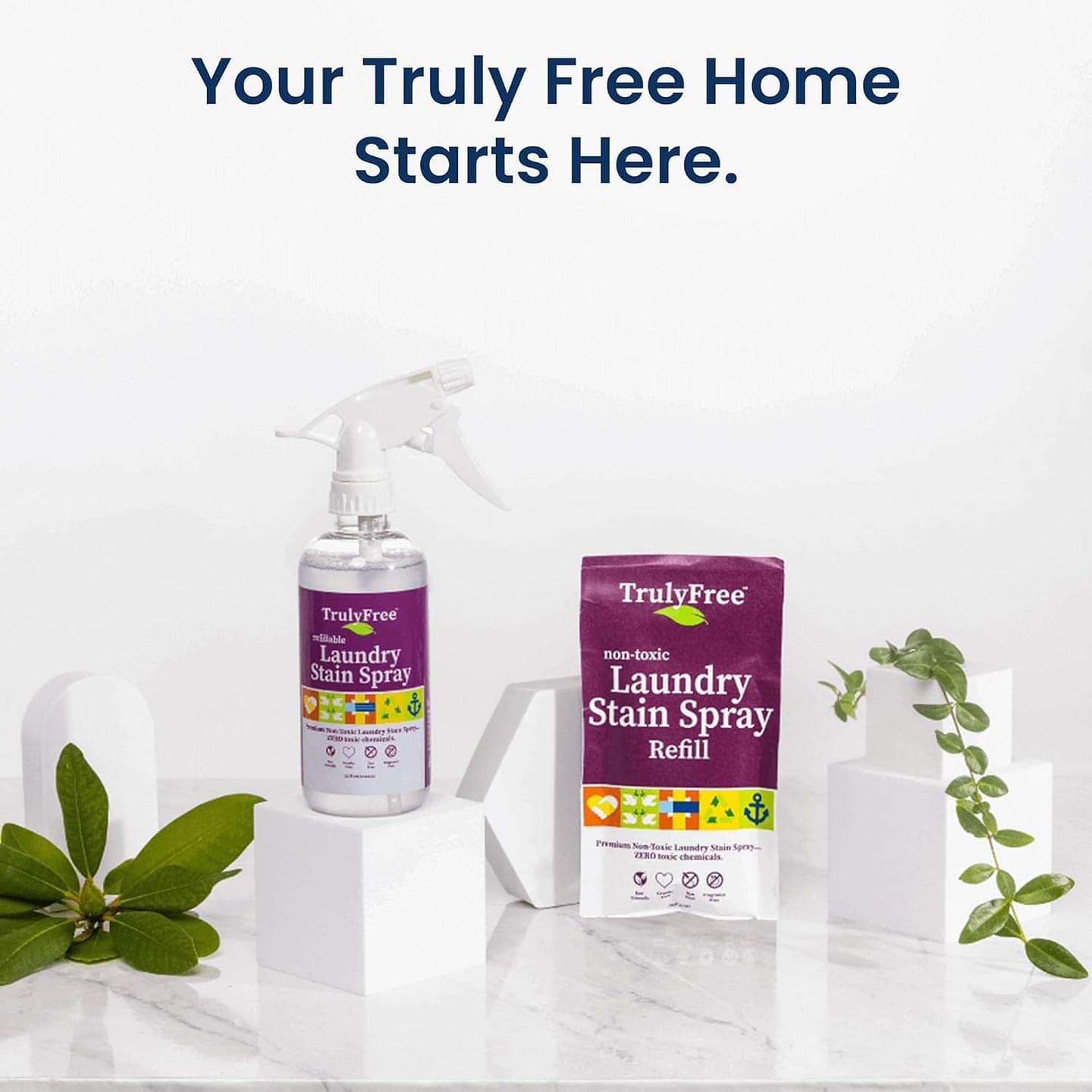 Truly Free Laundry Stain Remover Spray for Clothes - Removes Tough, Dried-In Stains on Whites & Colors -Natural Ingredients - Gentle Yet Powerful - Includes 3 oz Refill & Empty Refillable Bottle