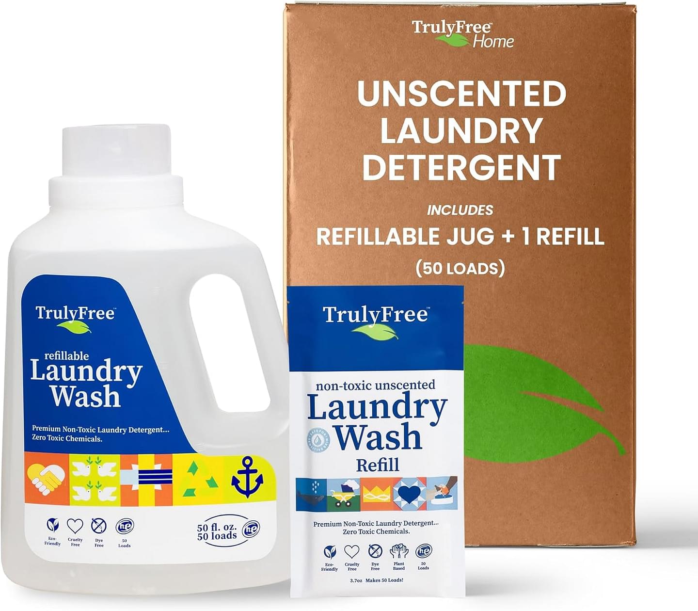 Truly Free Laundry Wash Detergent for Sensitive Skin, Gentle & Safe for Baby Clothes | Plant-Based, Natural Ingredients | Unscented | Include 1 Refillable Bottle (50 Loads)