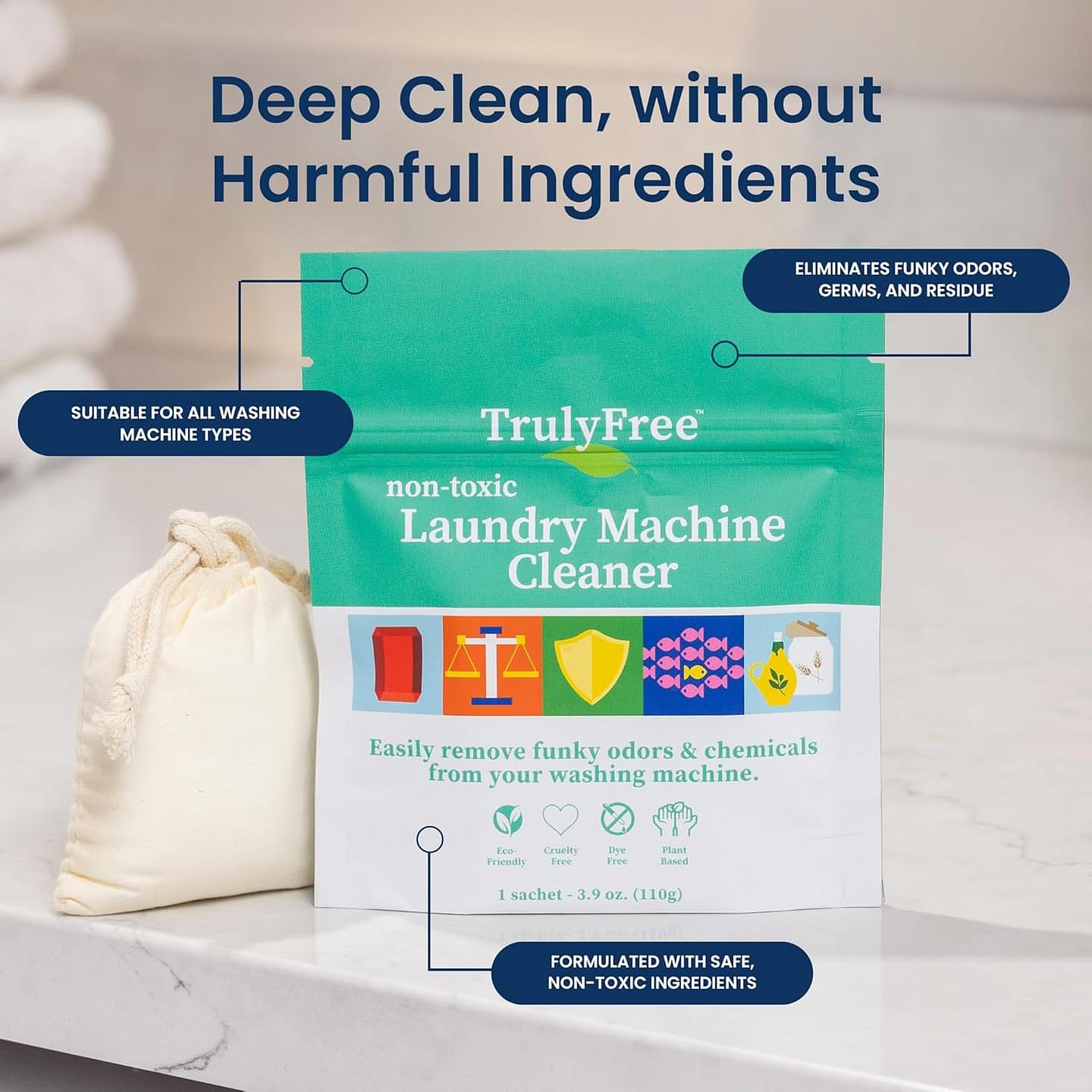 Truly Free Laundry Washing Machine Cleaner - Wash & Cleans Front Load & Top Load Washers -Tub Cleaner & Deodorizer (1-Use)