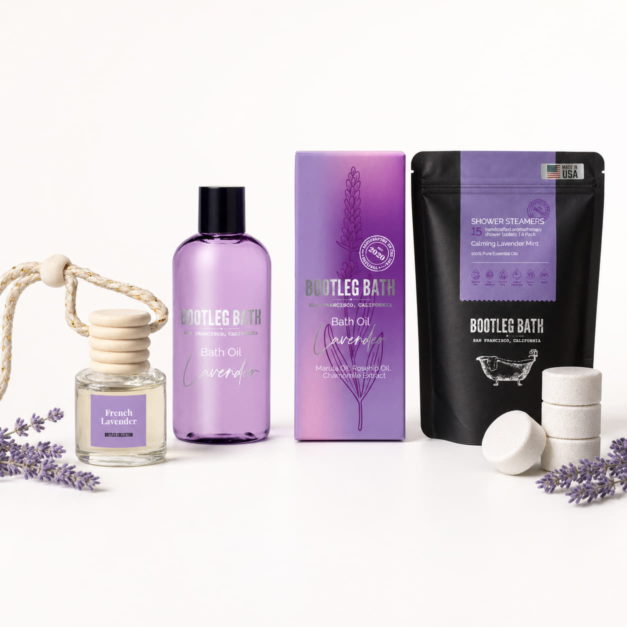 Bootleg Bath Lavender Favorites Bundle | Lavender Bath Oil, Shower Steamers (15 Pack) and Car Air Freshener
