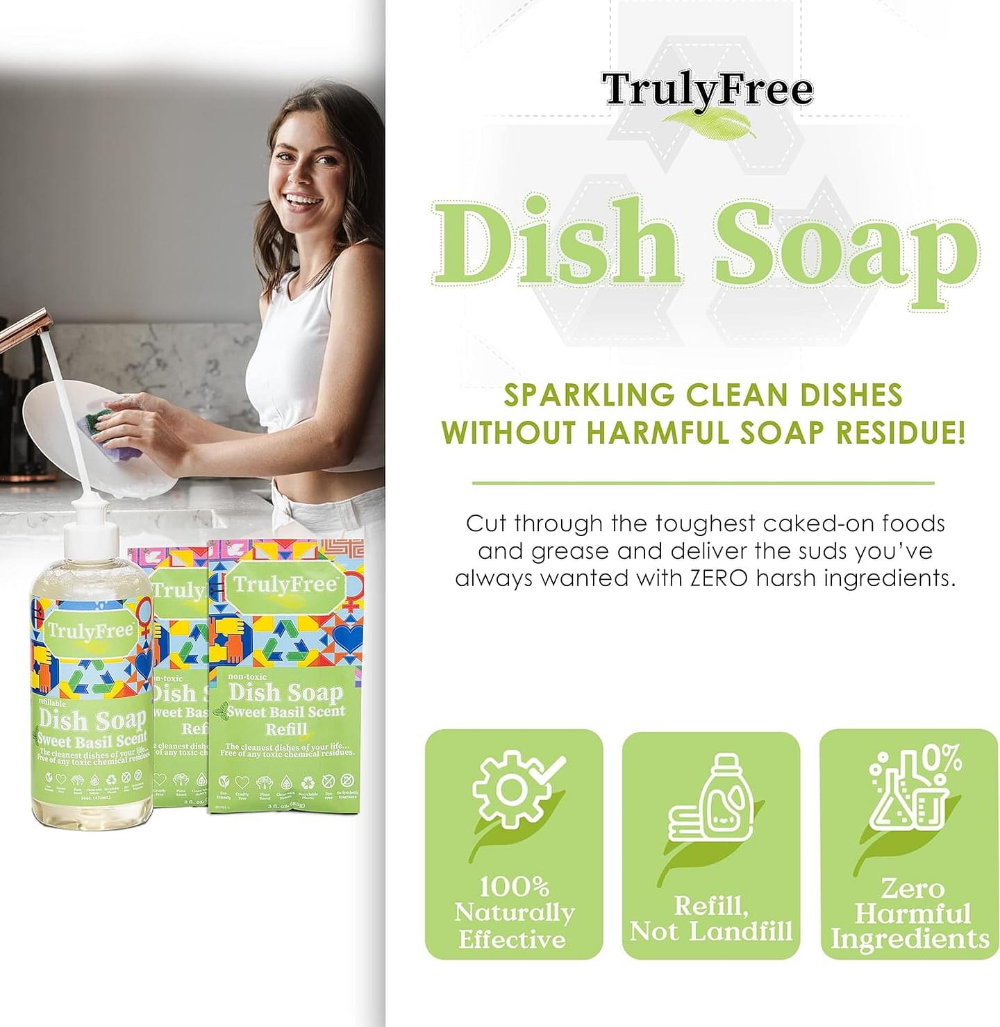 Truly Free Natural Concentrated Dish Detergent Dishwashing Liquid | Plant-Based Dish Soap | Sweet Basil Fresh Scent | 2 Refill Packs with 1 Empty Refillable Squeeze Bottle (16 Oz) Starter Kit