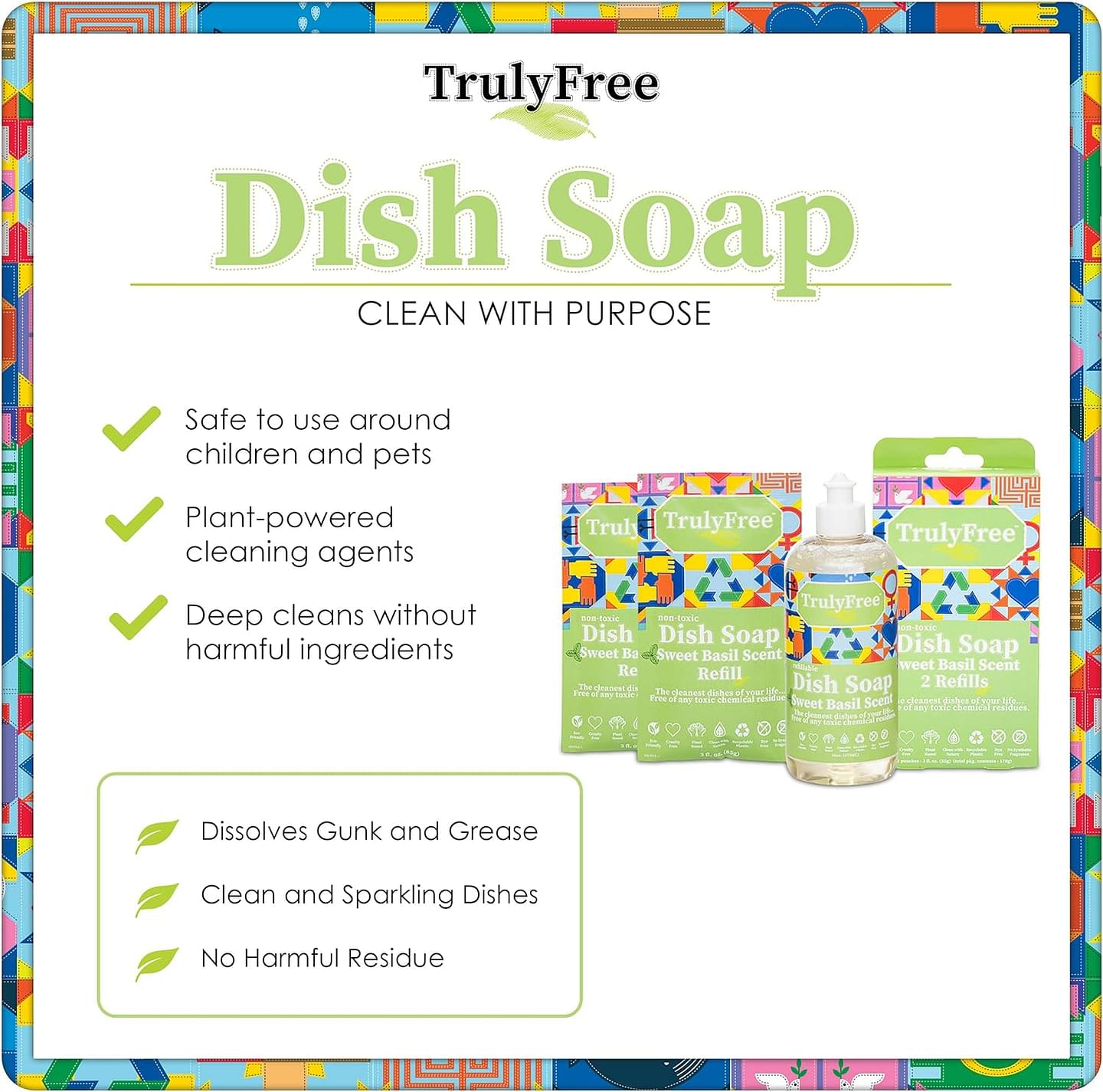 Truly Free Natural Concentrated Dish Detergent Dishwashing Liquid | Plant-Based Dish Soap | Sweet Basil Fresh Scent | 2 Refill Packs with 1 Empty Refillable Squeeze Bottle (16 Oz) Starter Kit