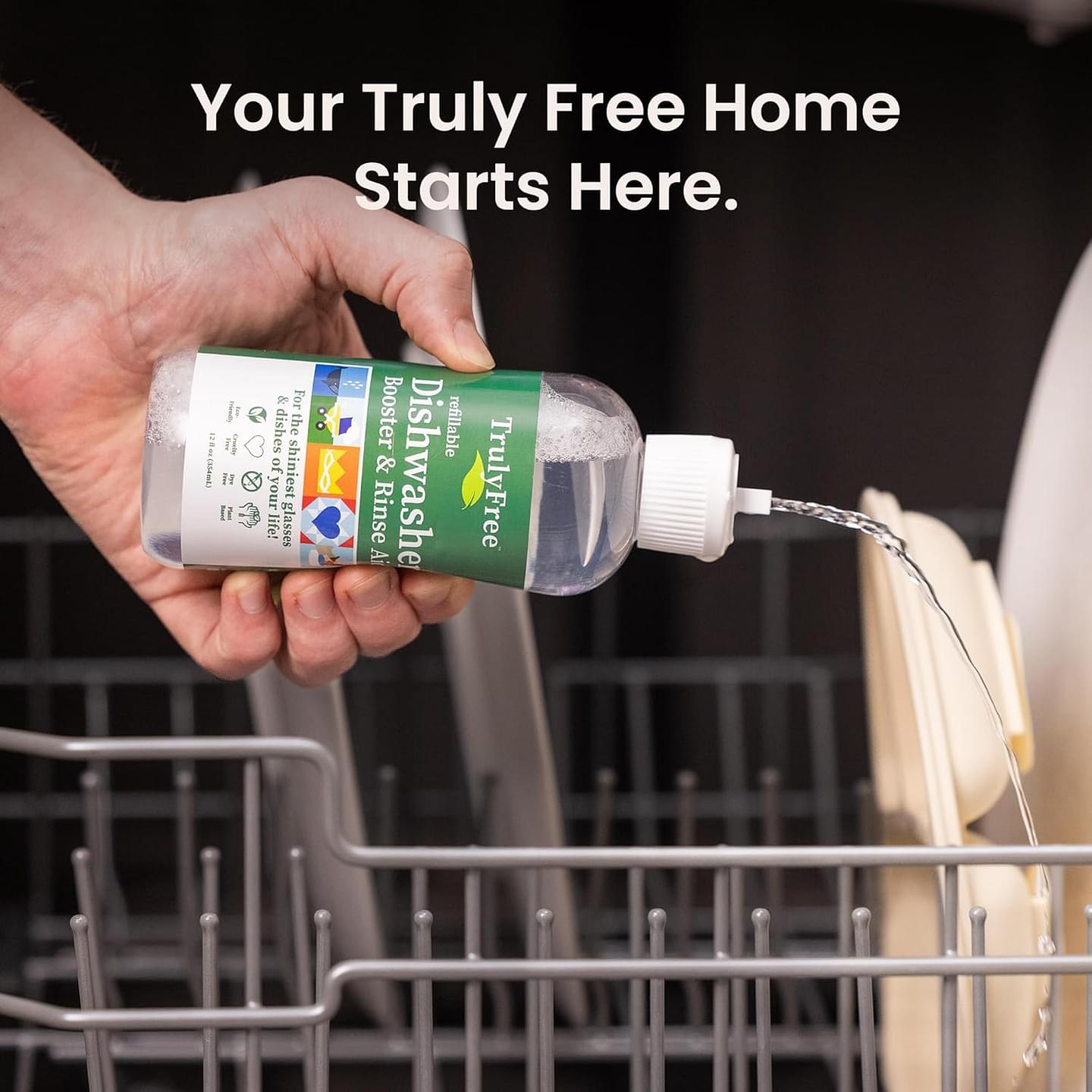 Truly Free Natural Dishwasher Booster & Rinse Aid - Non-Toxic Dishwashing Aid Formula, Removes Residue & Tough Dish Stains, Water Spot Remover - Includes: 1 Reusable Empty 12 oz Bottle & 1 Refill